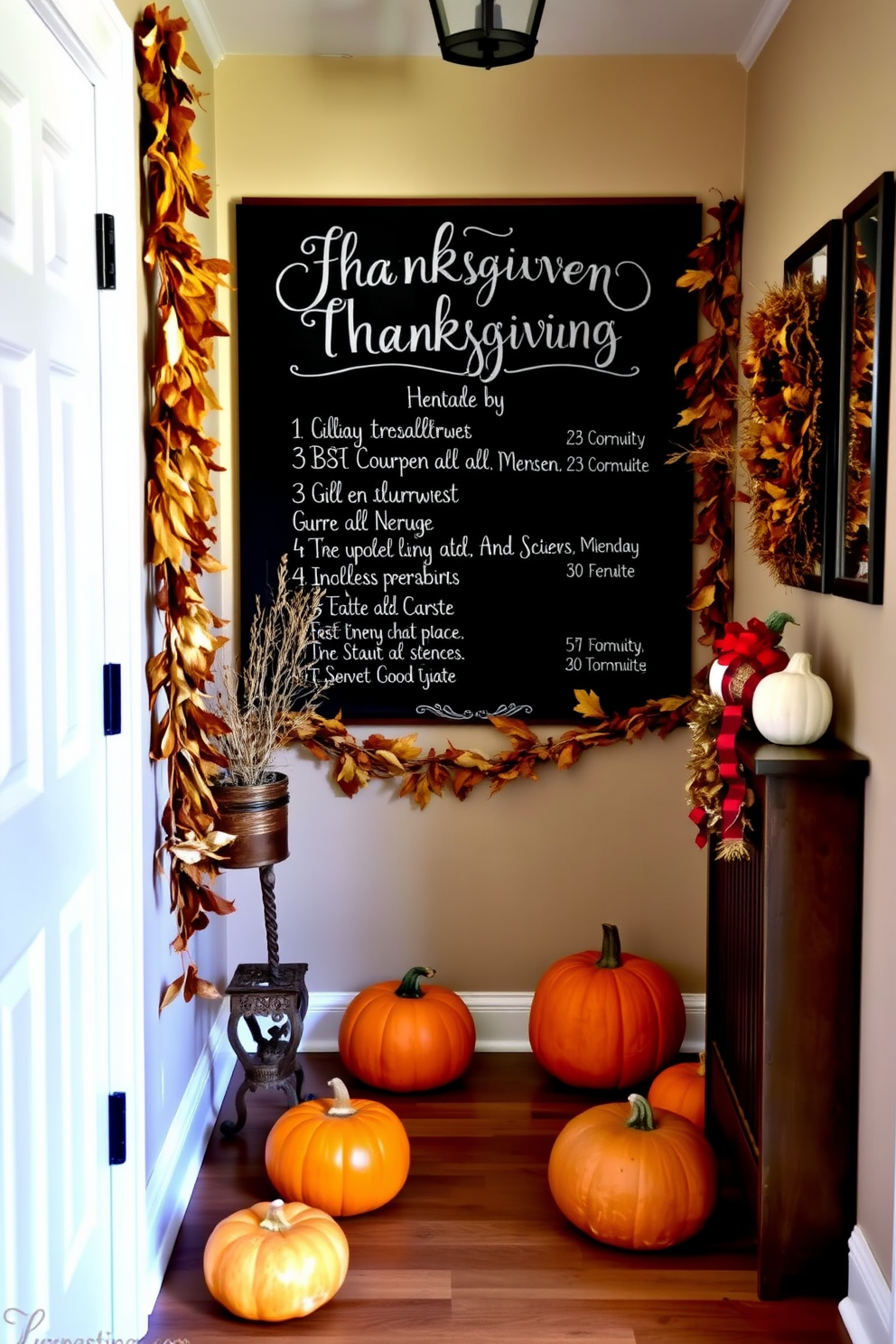 A charming hallway adorned with a large chalkboard showcasing a beautifully handwritten Thanksgiving menu. The walls are decorated with warm autumn-themed accents, including garlands of dried leaves and pumpkins placed strategically along the floor.