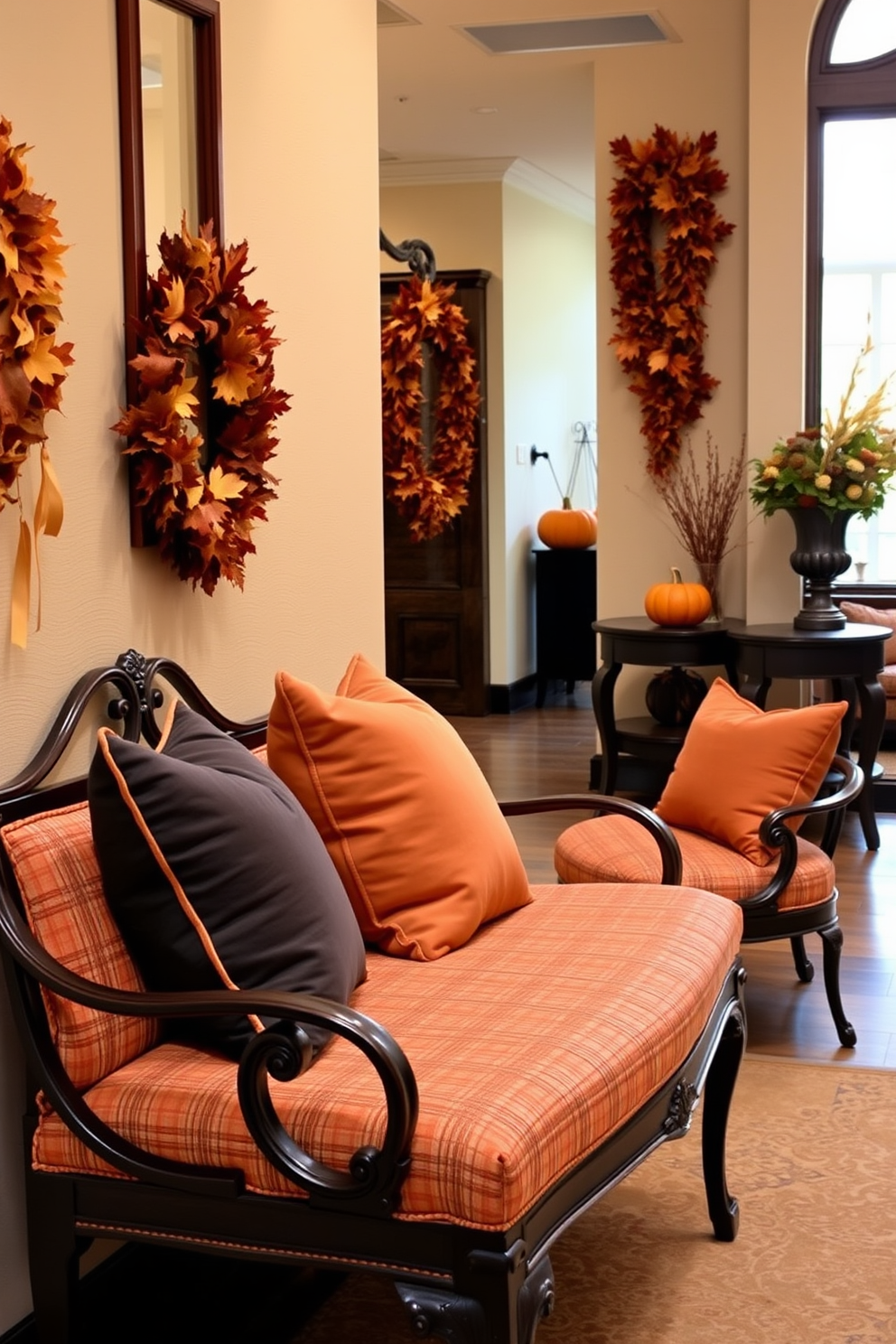 Autumn colored cushions are placed on elegant hallway benches creating a warm and inviting atmosphere. The walls are adorned with seasonal decorations featuring pumpkins and fall leaves to enhance the Thanksgiving spirit.