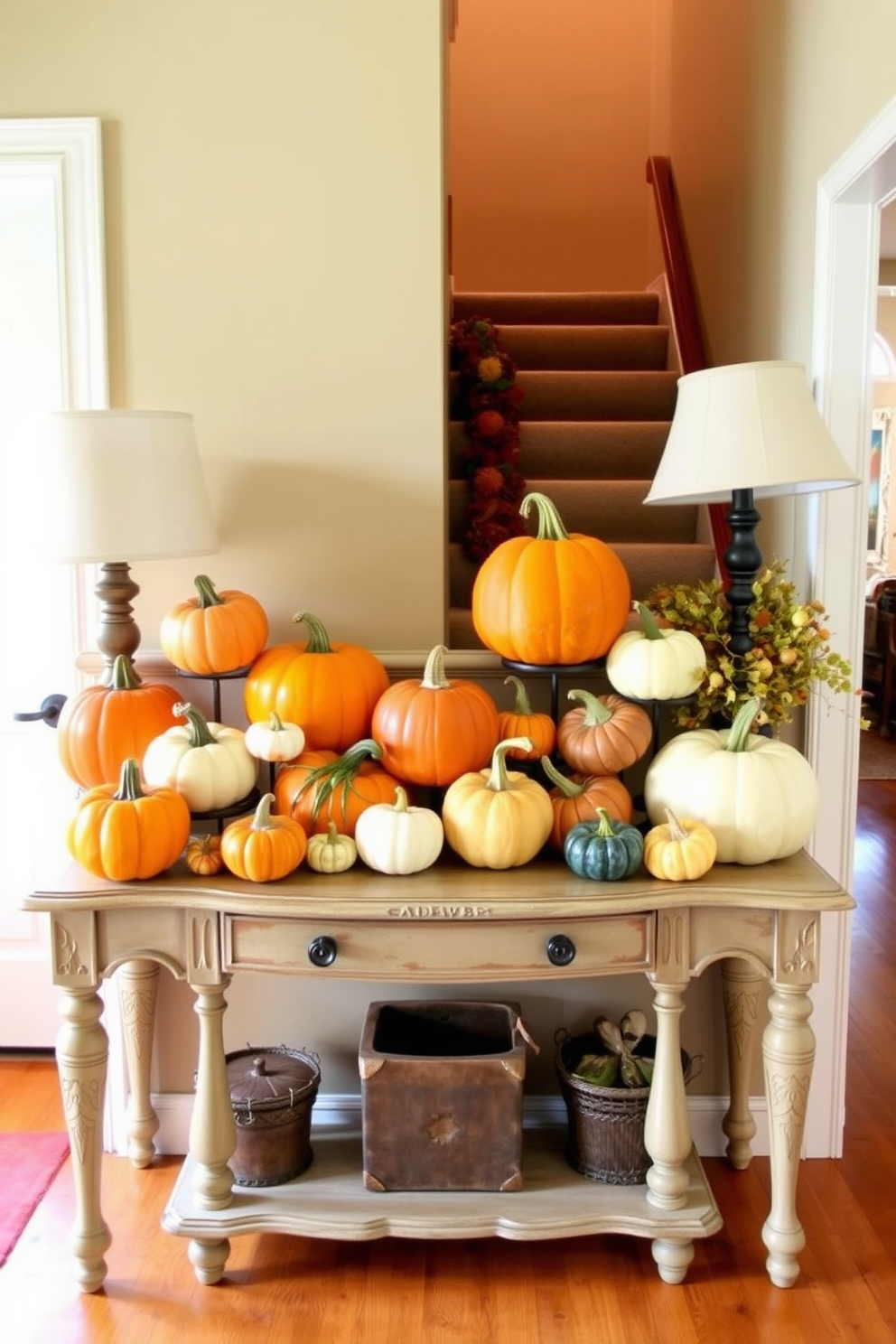 A charming console table is adorned with a vibrant display of pumpkins and gourds in various sizes and colors. The table is set against a warm, inviting hallway backdrop, with autumn-themed decorations enhancing the seasonal ambiance.