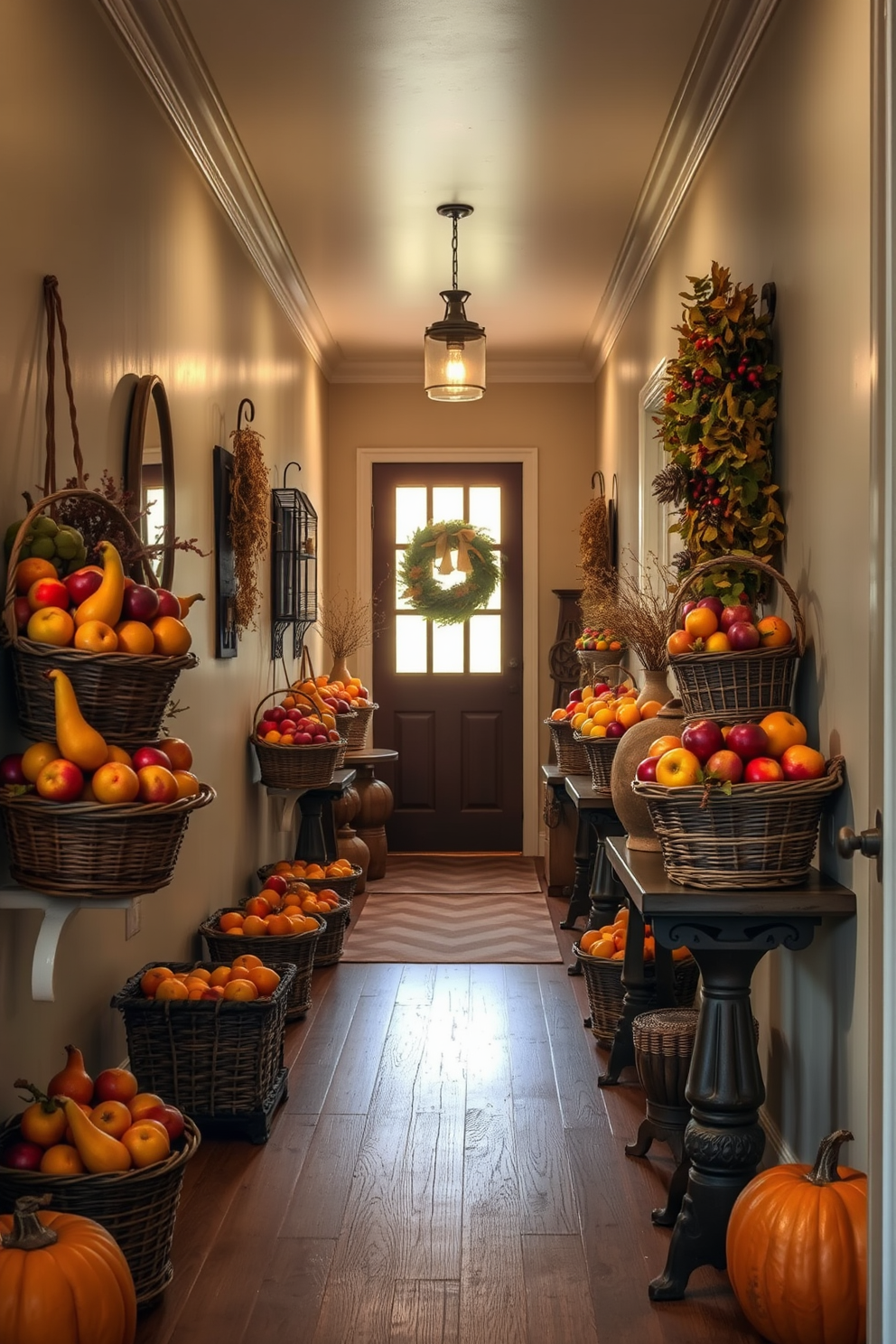 A cozy hallway adorned with vintage baskets overflowing with seasonal fruits. The warm hues of autumn create an inviting atmosphere, complemented by soft lighting and rustic decor elements.