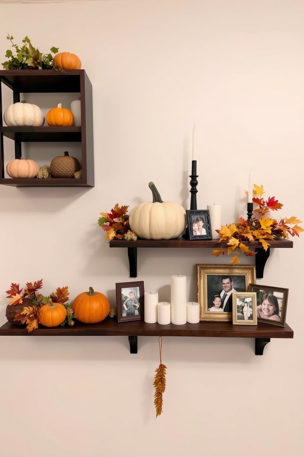 Wall-mounted shelves adorned with autumn-themed decor create a warm and inviting atmosphere. Pumpkins, gourds, and seasonal foliage are artfully arranged alongside candles and family photos.