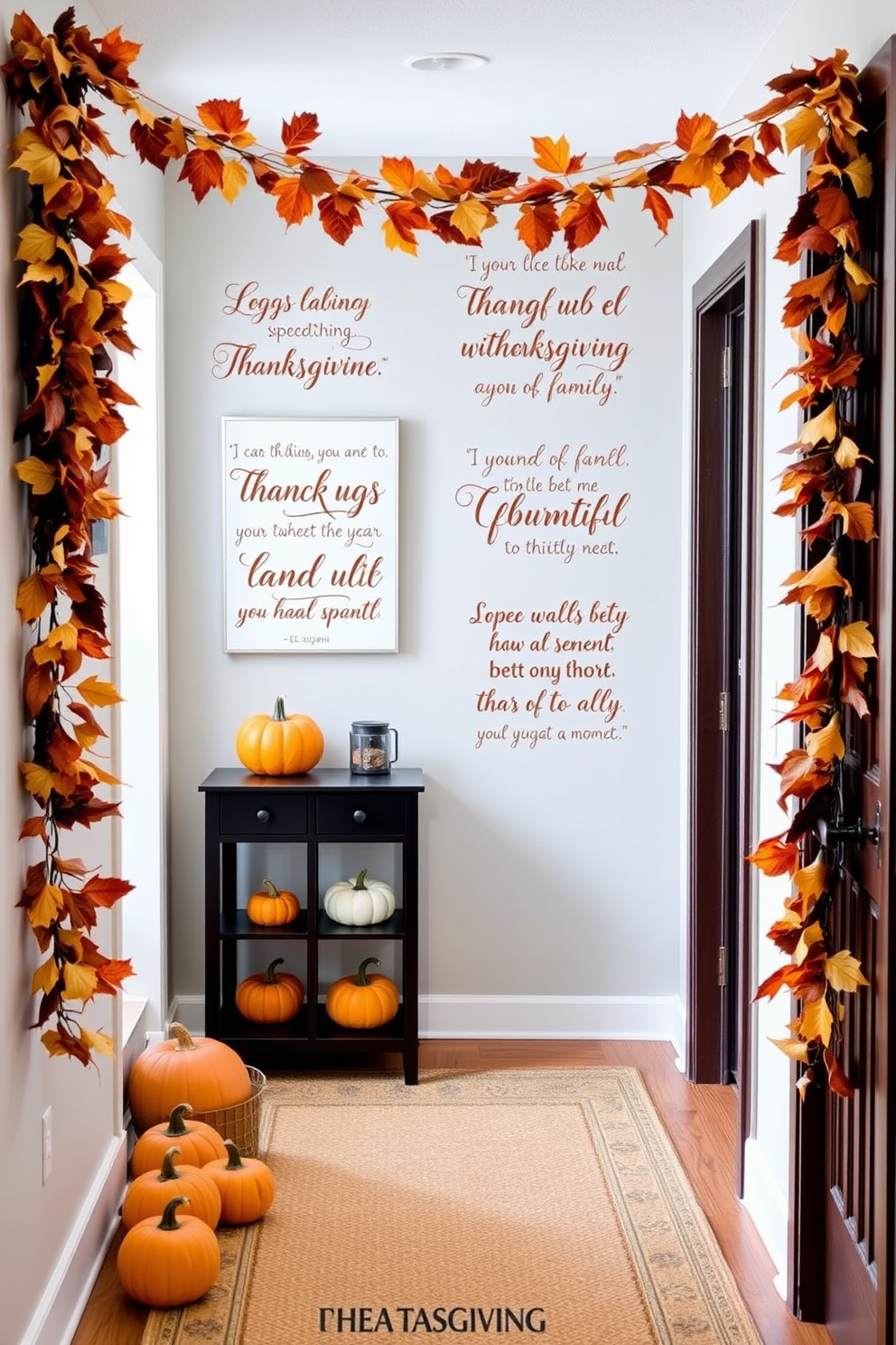 Thanksgiving quotes printed on fabric. The fabric features warm autumn colors with elegant typography showcasing heartfelt quotes about gratitude and family. Thanksgiving Hallway Decorating Ideas. The hallway is adorned with a garland of fall leaves and mini pumpkins, creating a welcoming atmosphere for guests.