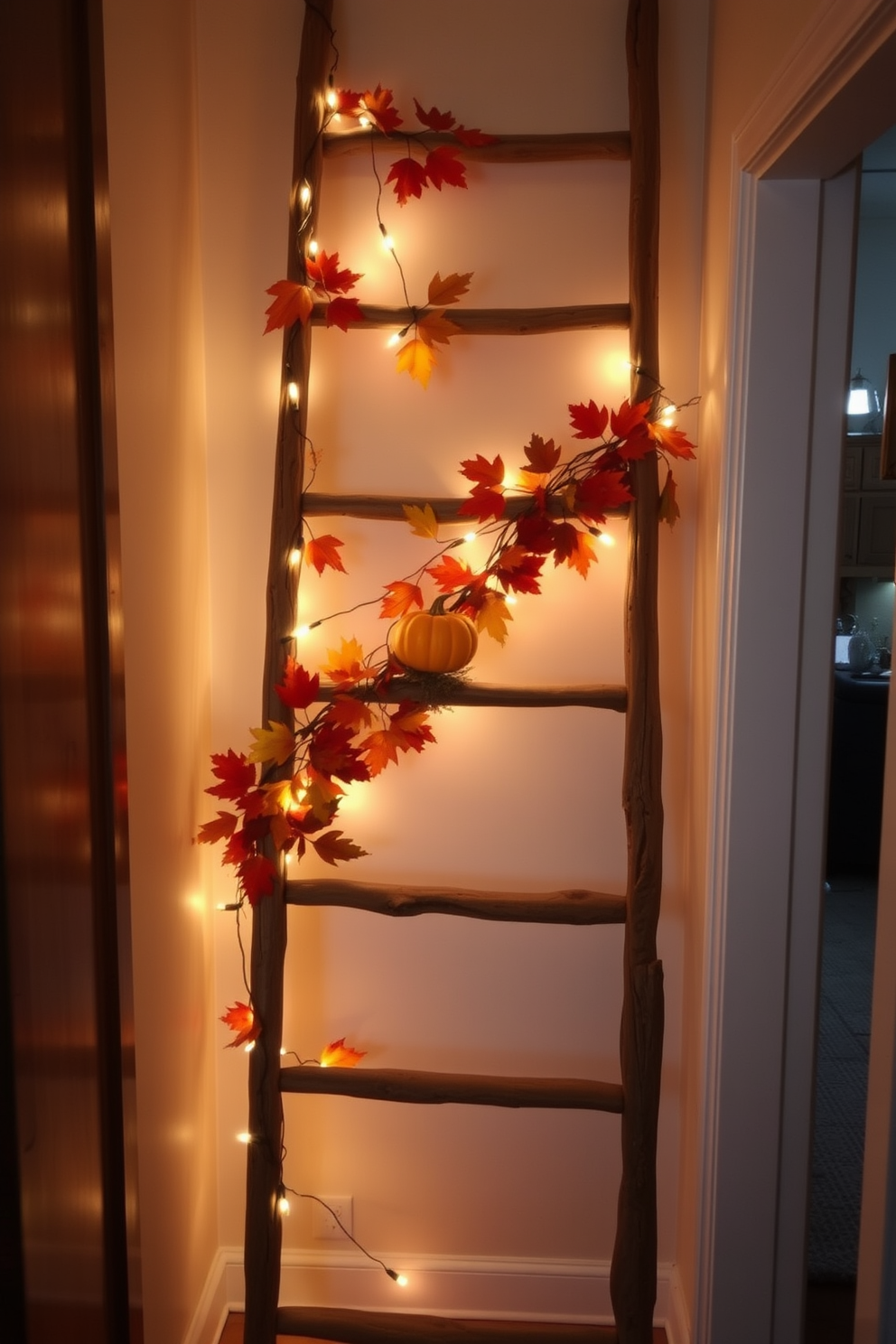 A rustic wooden ladder leans against the wall, adorned with warm autumnal decorations for Thanksgiving. Colorful leaves, small pumpkins, and twinkling fairy lights hang from the rungs, creating a cozy and inviting atmosphere in the hallway.