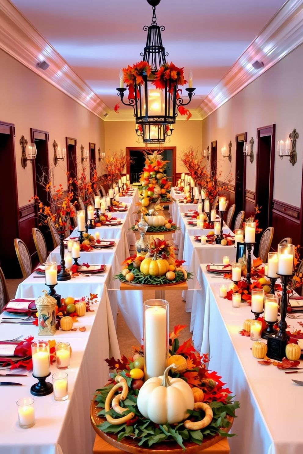 A festive hallway adorned with elegant table centerpieces for Thanksgiving. Each table features a variety of seasonal decorations including pumpkins, autumn leaves, and candles that create a warm and inviting atmosphere.