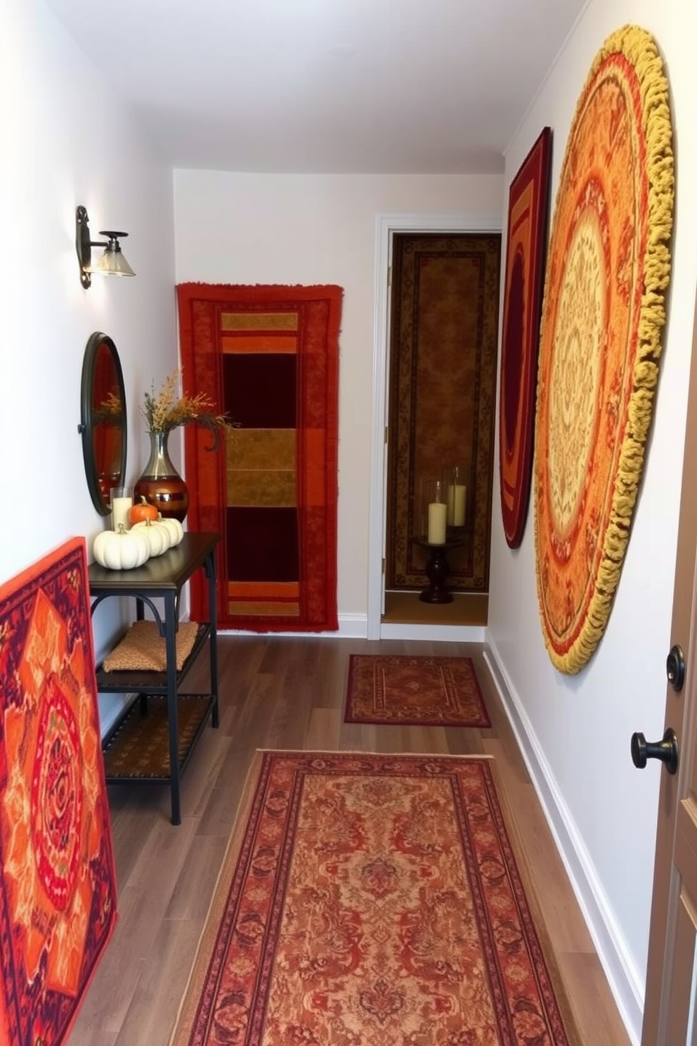A cozy hallway adorned with layered rugs in rich autumn hues creates a warm and inviting atmosphere. The rugs, featuring deep oranges, rustic browns, and golden yellows, are artfully arranged to enhance the space and add texture. On one side of the hallway, a small console table is decorated with seasonal accents like pumpkins and candles. Soft lighting from a nearby fixture casts a gentle glow, highlighting the beautiful colors of the rugs and the festive decor.