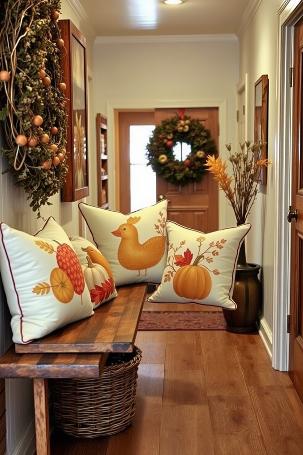 Cozy hallway adorned with seasonal pillows featuring fall motifs. The pillows are in warm shades of orange, yellow, and brown, arranged on a rustic wooden bench.