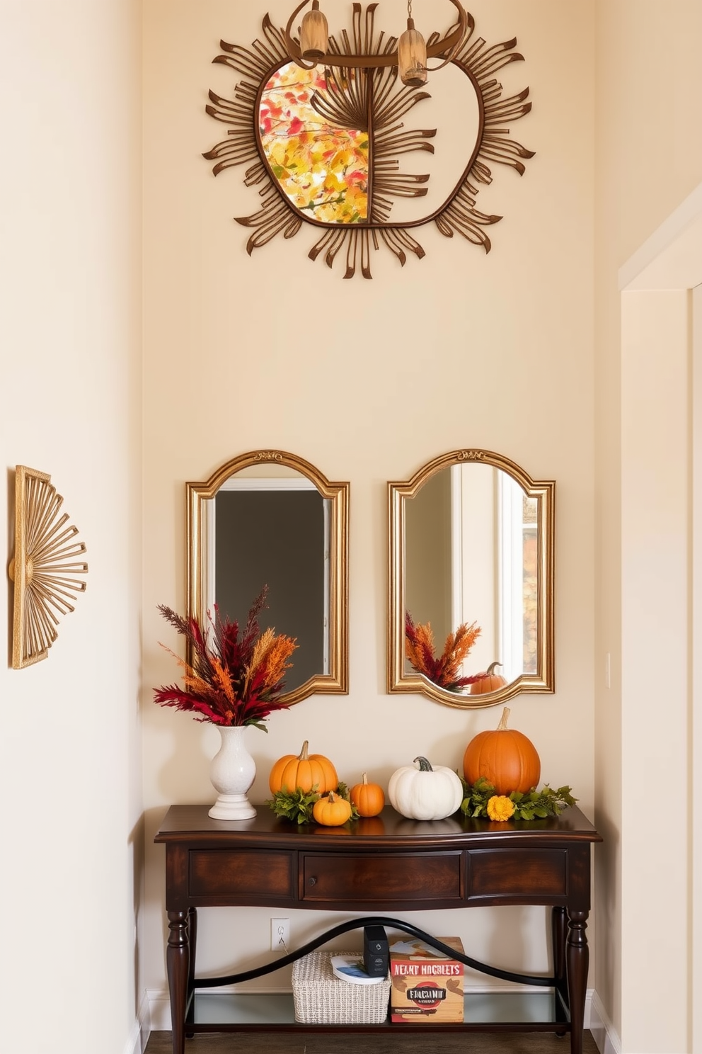 A warm and inviting hallway adorned with decorative mirrors that reflect the vibrant colors of autumn. The walls are painted in a soft cream, and a rich wooden console table is placed beneath the mirrors, showcasing seasonal decorations like pumpkins and garlands.