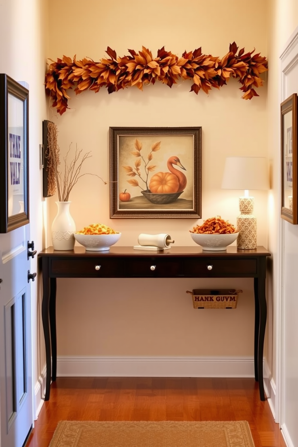 Create a warm and inviting hallway decorated for Thanksgiving. Place potpourri bowls filled with seasonal scents like cinnamon and apple along the console table to enhance the festive atmosphere. Adorn the walls with autumn-themed artwork and hang a garland of dried leaves above the entryway. Use soft lighting to create a cozy ambiance, inviting guests to feel at home as they enter.