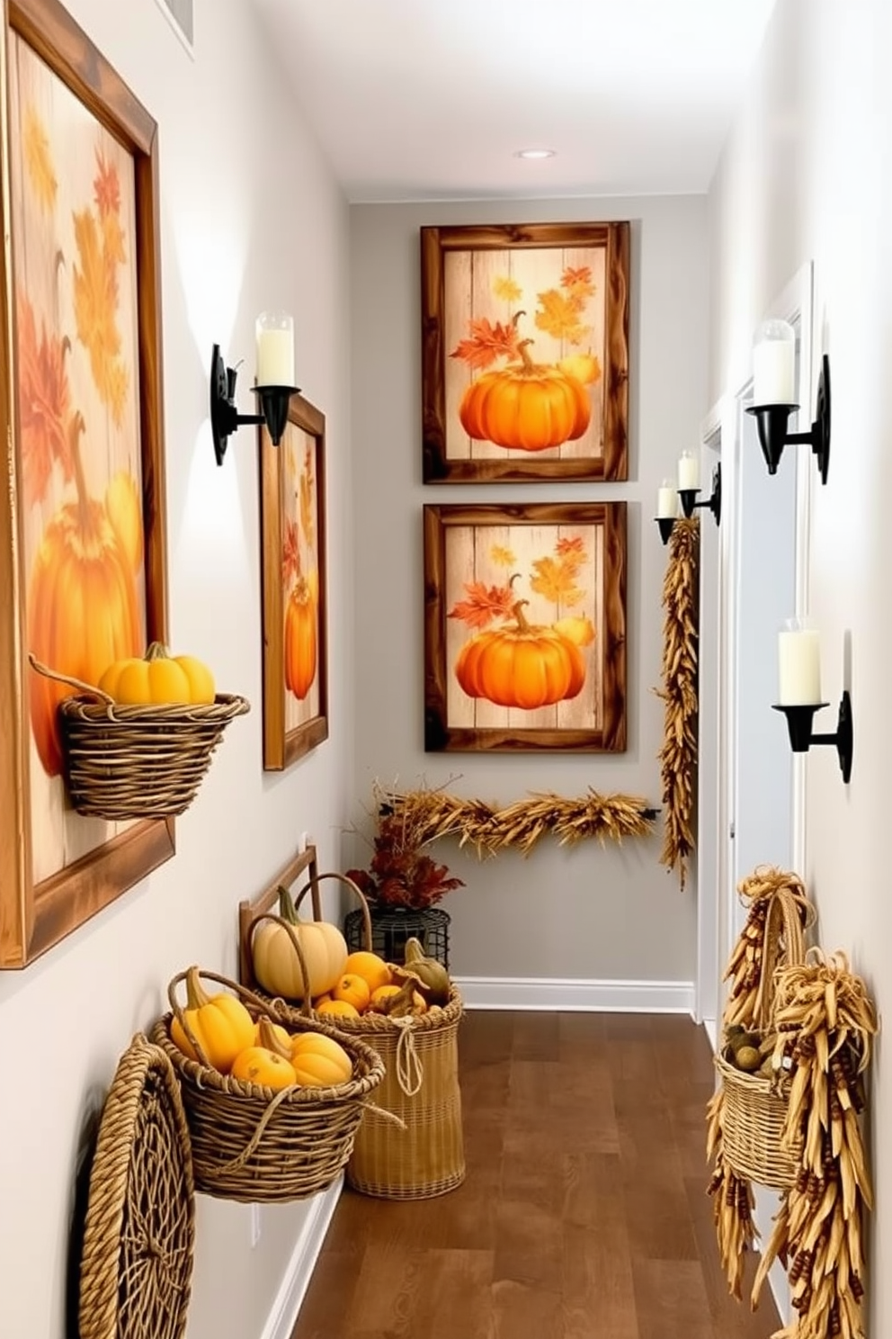 Thanksgiving themed wall art featuring a rustic wooden frame with autumn leaves and pumpkins. The prints include warm tones of orange, yellow, and brown, creating a cozy atmosphere in the hallway. Decorative elements such as woven baskets filled with seasonal gourds and a garland of dried corn hang along the walls. Soft lighting from sconces enhances the inviting feel of the space, making it perfect for holiday gatherings.