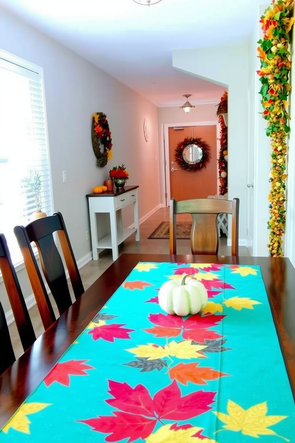 Colorful table runners adorned with vibrant leaf prints create a festive atmosphere for Thanksgiving. The hallway is elegantly decorated with seasonal accents, including small pumpkins and warm-toned garlands, enhancing the inviting ambiance.