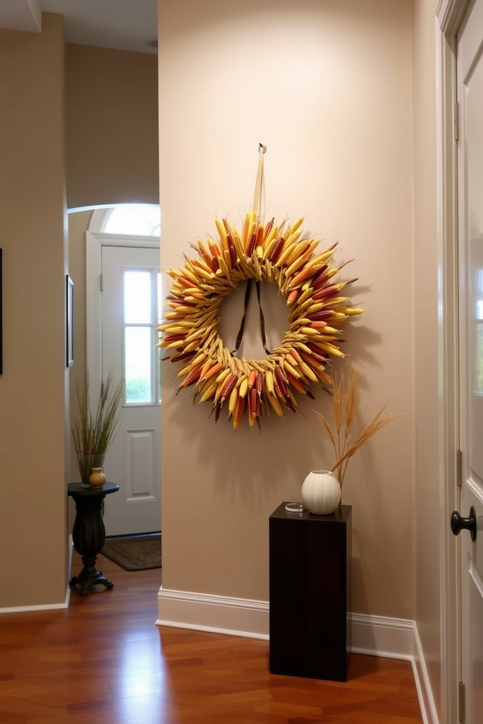 A beautiful hallway adorned with a wreath made of dried corn and wheat. The warm colors of the corn and the golden hues of the wheat create a festive and inviting atmosphere for Thanksgiving.