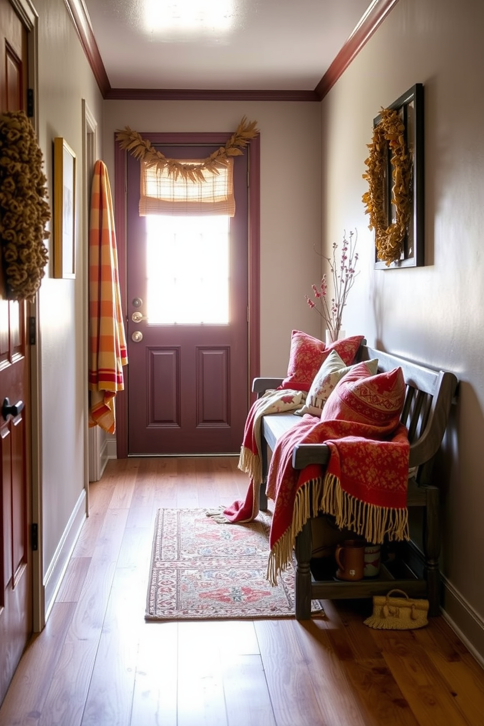 A cozy hallway adorned with warm-colored throw blankets draped over a rustic wooden bench. The walls are decorated with seasonal artwork and soft lighting creates an inviting atmosphere perfect for Thanksgiving gatherings.