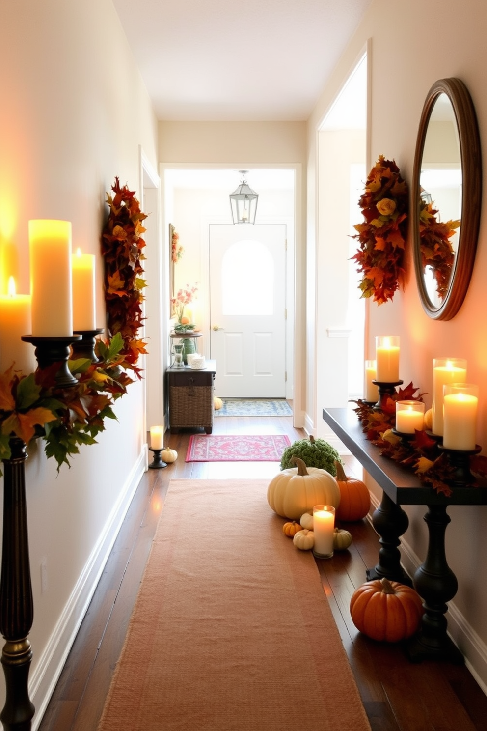 Create a warm and inviting hallway decorated for Thanksgiving. Use candles in varying heights placed along the hallway, casting a soft glow that enhances the autumnal decor. Incorporate rich fall colors through decorative elements like garlands of leaves and small pumpkins. Add a cozy runner on the floor to complement the ambiance created by the candles.