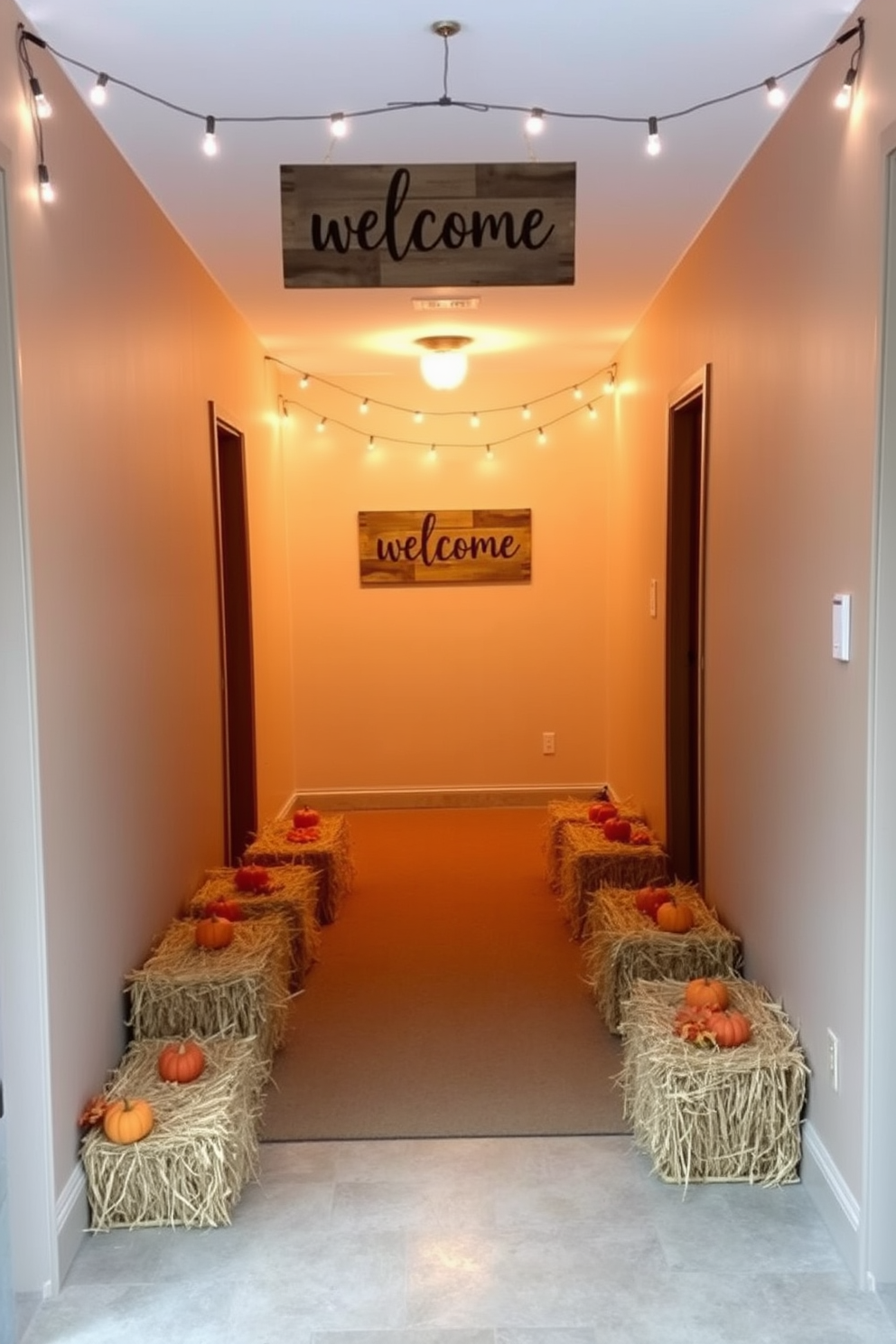 Miniature hay bales are arranged along the edges of the hallway, creating a rustic and festive atmosphere. Each hay bale is adorned with small pumpkins and autumn leaves, enhancing the Thanksgiving theme. String lights are draped above the hallway, casting a warm glow that complements the seasonal decor. A welcome sign made of reclaimed wood hangs on the wall, inviting guests to enjoy the holiday spirit.