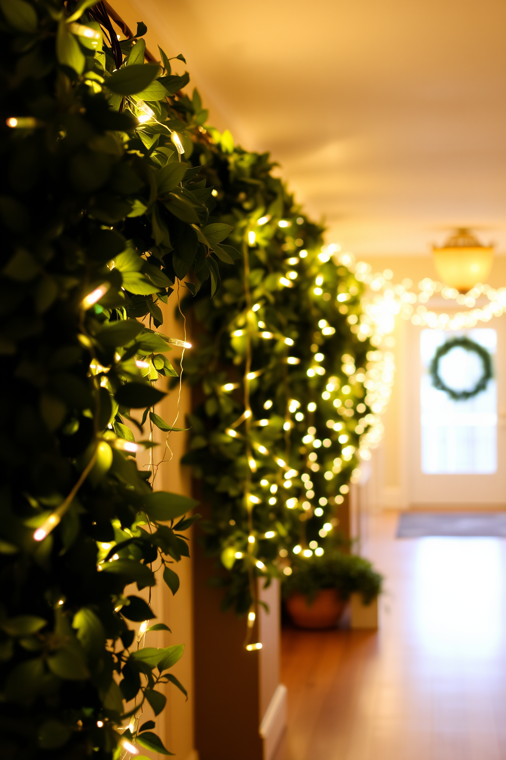 A warm and inviting hallway adorned with string lights intertwined with lush green foliage. The soft glow of the lights illuminates the space, creating a cozy atmosphere perfect for Thanksgiving celebrations.