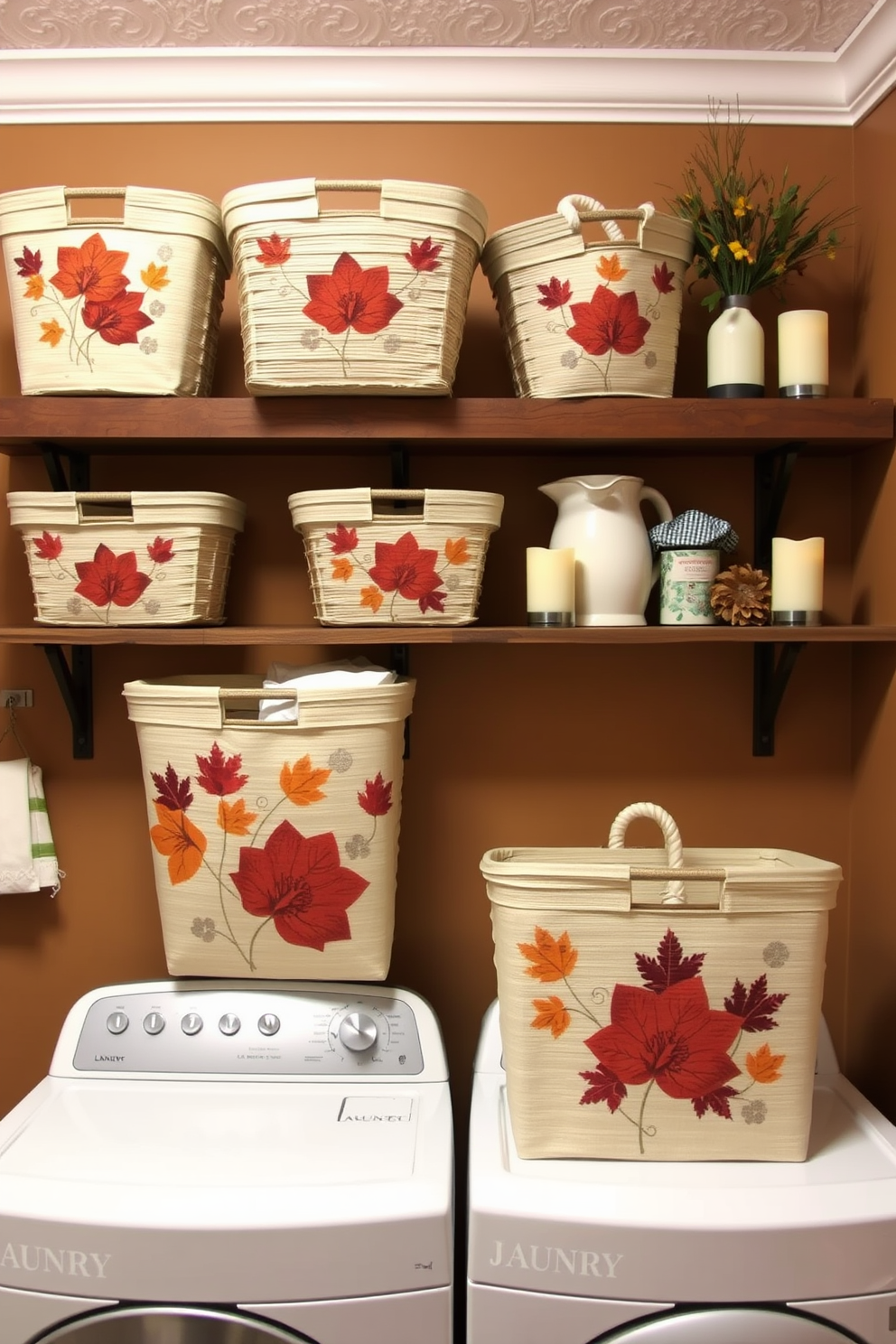 A cozy laundry room adorned with decorative laundry baskets featuring vibrant fall motifs. The walls are painted in warm earth tones, and a rustic wooden shelf displays seasonal decorations and scented candles.