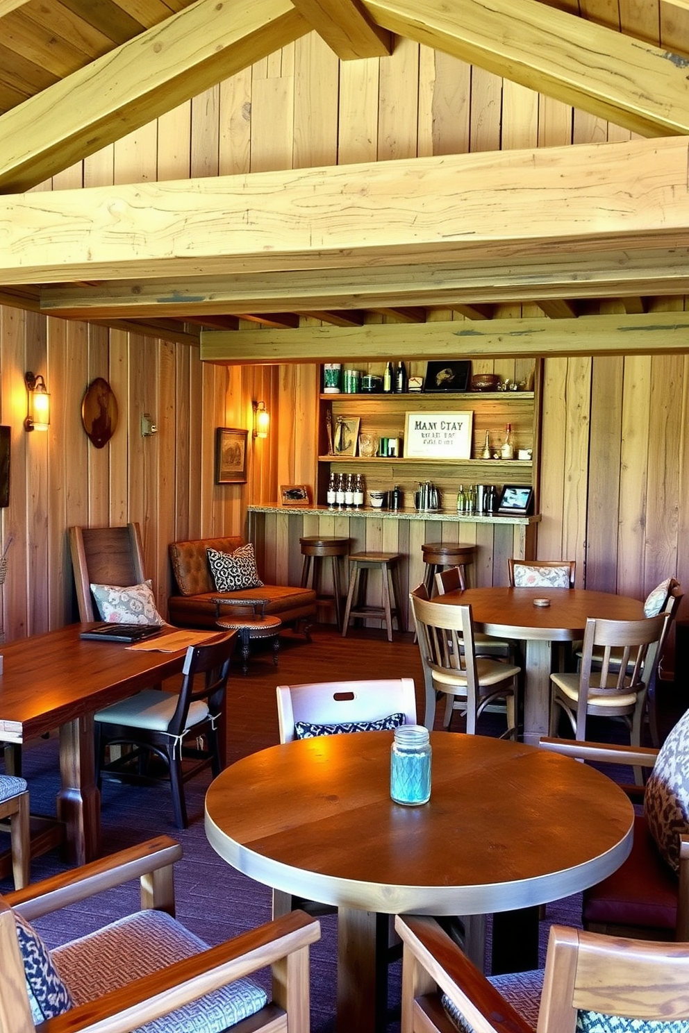 Rustic wooden furniture creates a warm and inviting atmosphere with its natural textures and earthy tones. A combination of reclaimed wood tables and chairs, paired with soft, comfortable cushions, enhances the cozy vibe of the space. Incorporate personal touches like vintage decor and ambient lighting to make the man cave feel uniquely yours. Consider adding a small bar area with rustic shelving to showcase your favorite drinks and collectibles.