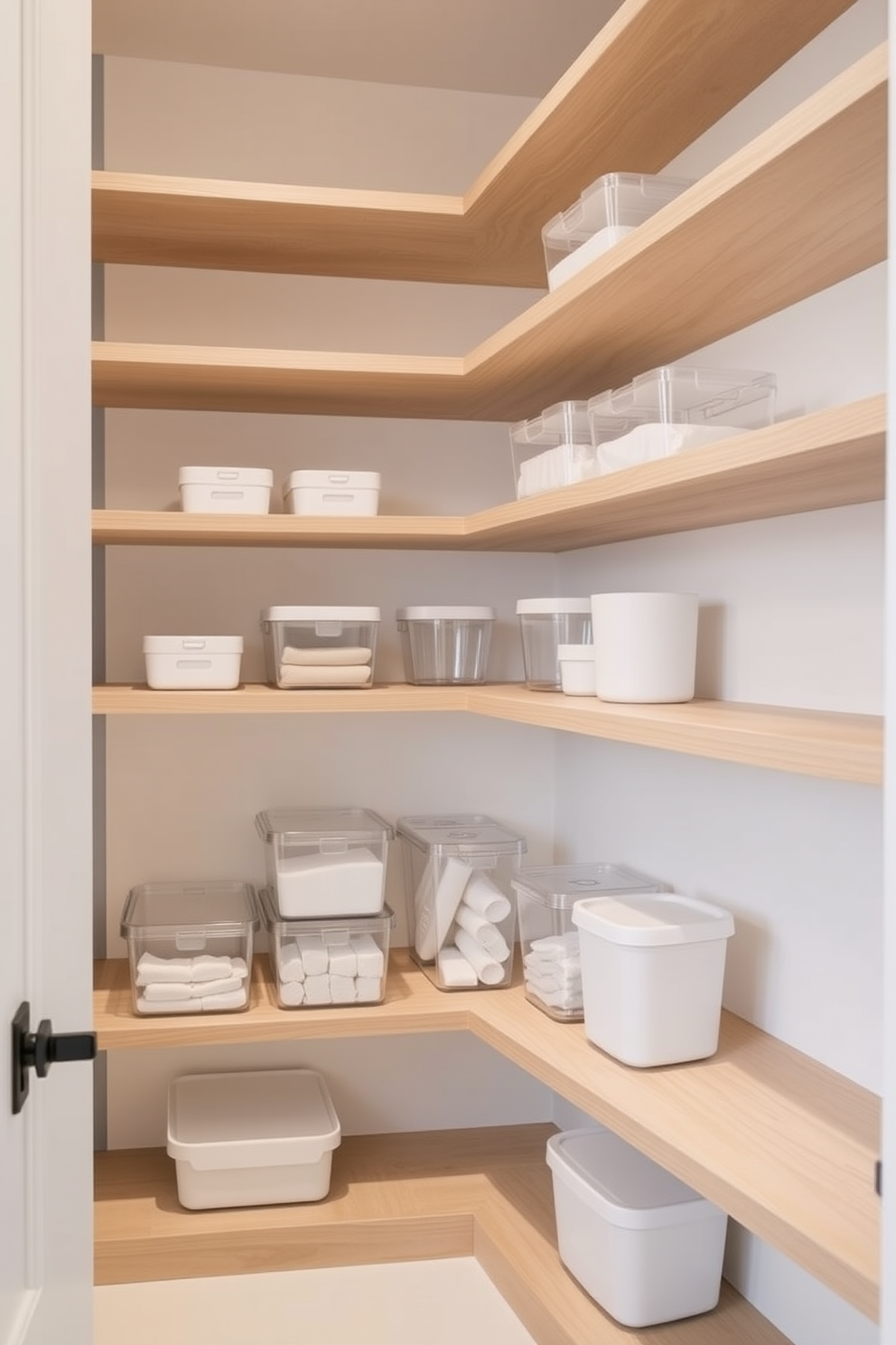 A minimalist townhouse pantry design featuring sleek floating shelves made of light wood. The space is organized with clear storage containers and a subtle color palette of whites and soft grays.