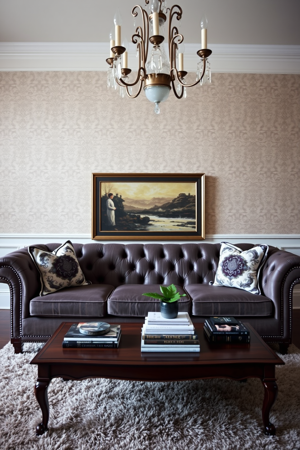 Classic tufted sofa with ornate pillows. The walls are adorned with elegant wallpaper featuring a subtle damask pattern, and a vintage chandelier hangs from the ceiling. A rich wooden coffee table sits in front of the sofa, complemented by a plush area rug underneath. Decorative accents include a collection of art books and a small potted plant on the table.