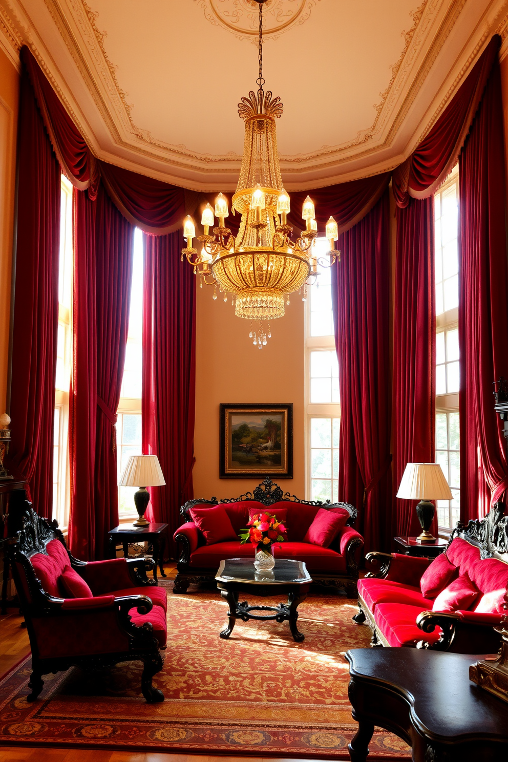 Lush draperies made from rich velvet cascade elegantly from the ceiling, framing tall windows that let in soft natural light. The warm color palette features deep reds and golds, enhancing the opulence of the space. A grand chandelier hangs in the center of the room, casting a warm glow over the plush seating arrangement. Ornate wooden furniture with intricate carvings complements the traditional aesthetic, while a patterned area rug anchors the space.