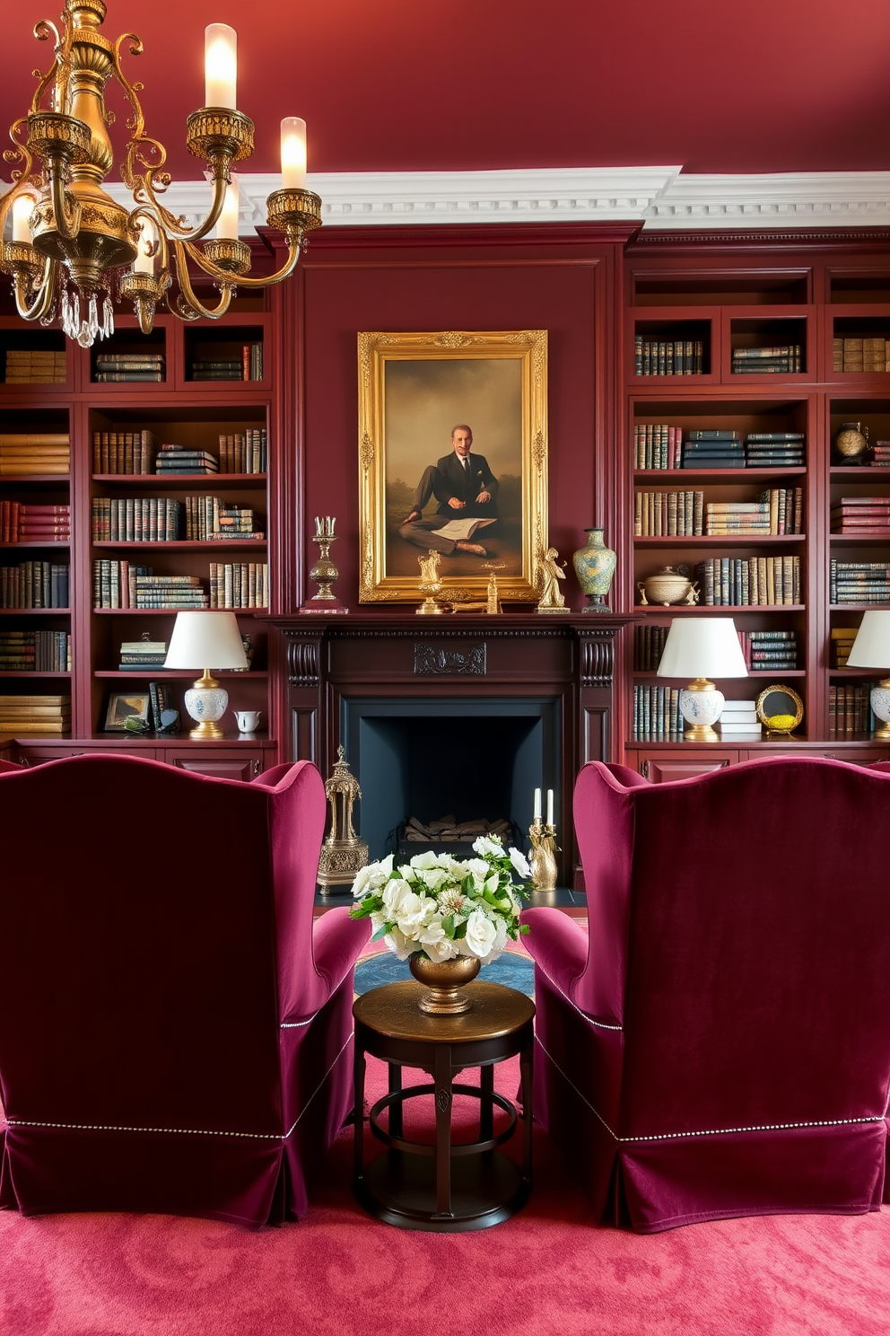 Classic wingback chairs upholstered in rich velvet fabric create an inviting atmosphere. The room is adorned with a warm color palette, featuring deep burgundy and soft gold accents throughout the decor. A grand fireplace serves as the focal point, framed by elegant built-in bookshelves filled with vintage books and cherished decor. Soft lighting from ornate chandeliers and table lamps enhances the cozy ambiance of the traditional living room.