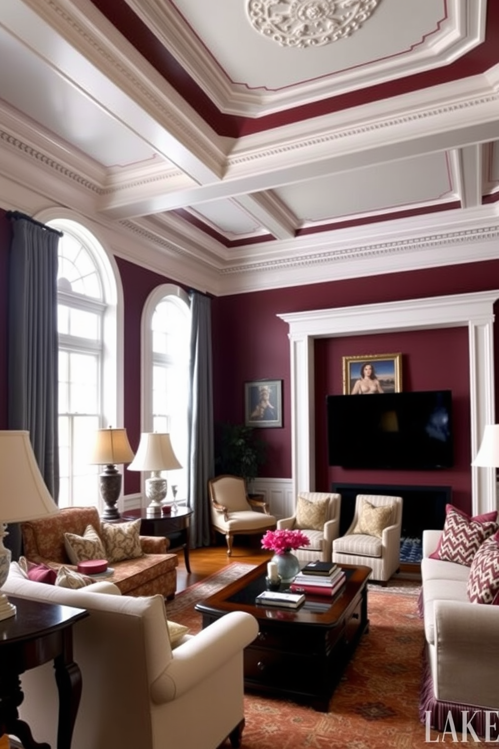 A traditional living room adorned with decorative crown molding that adds an air of sophistication. The space features a rich color palette with deep burgundy walls and elegant furniture pieces that invite comfort and style.