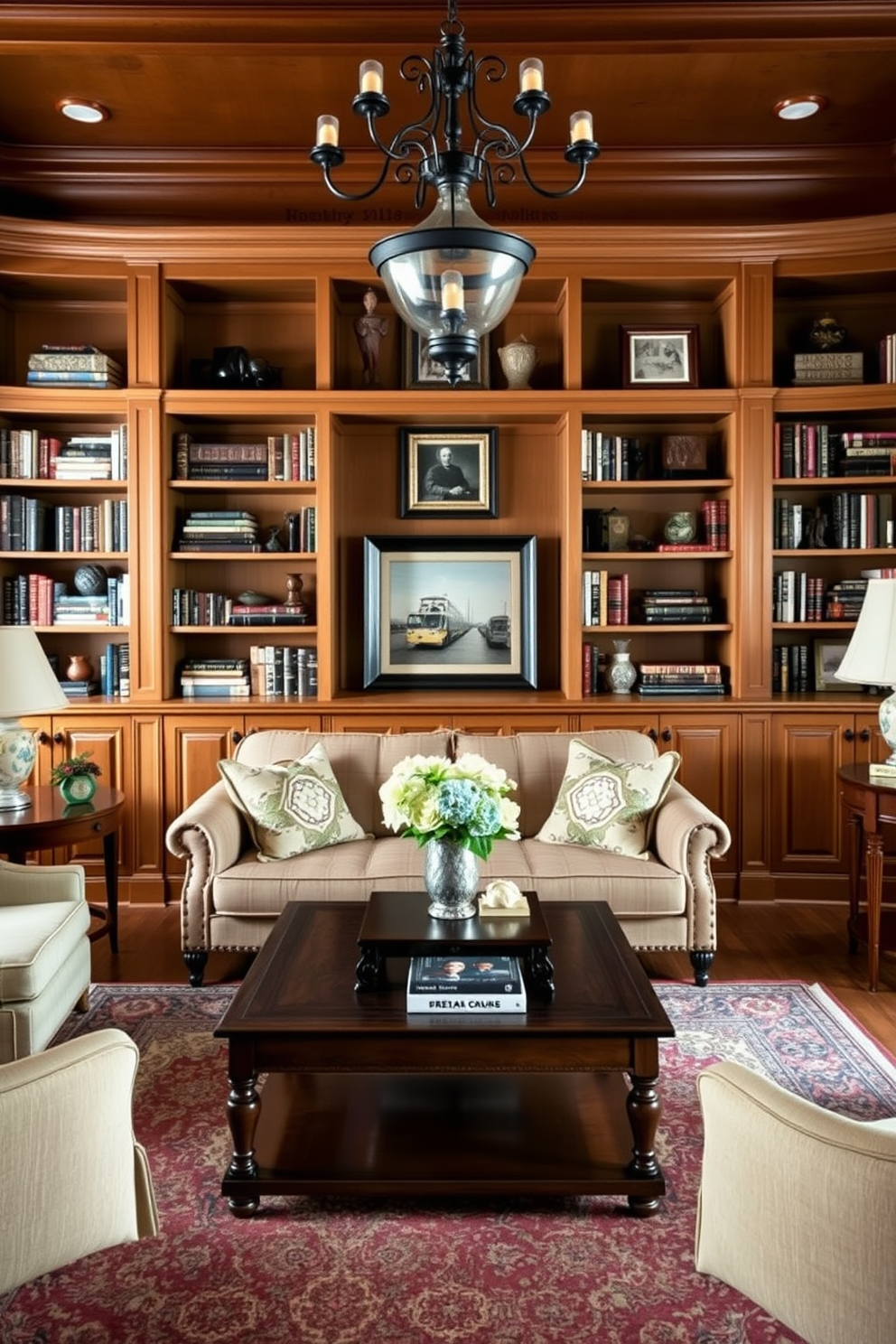 A traditional living room featuring built-in bookshelves with classic styling. The shelves are filled with an array of books, decorative objects, and framed photographs, creating an inviting and intellectual atmosphere. The seating area includes a plush sofa adorned with elegant throw pillows and a vintage coffee table at the center. Soft lighting from a stylish chandelier complements the warm tones of the rich wood finishes and the intricate area rug on the hardwood floor.