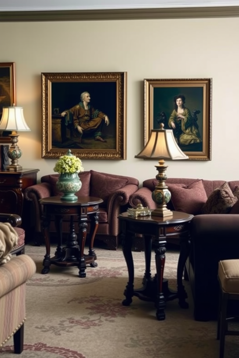 Traditional side tables with decorative lamps. The side tables are crafted from rich mahogany and feature intricate carvings, topped with elegant lamps that cast a warm glow. Traditional living room design ideas. The space is adorned with plush sofas in deep hues, surrounded by antique furniture and framed artwork that evokes a sense of timeless elegance.