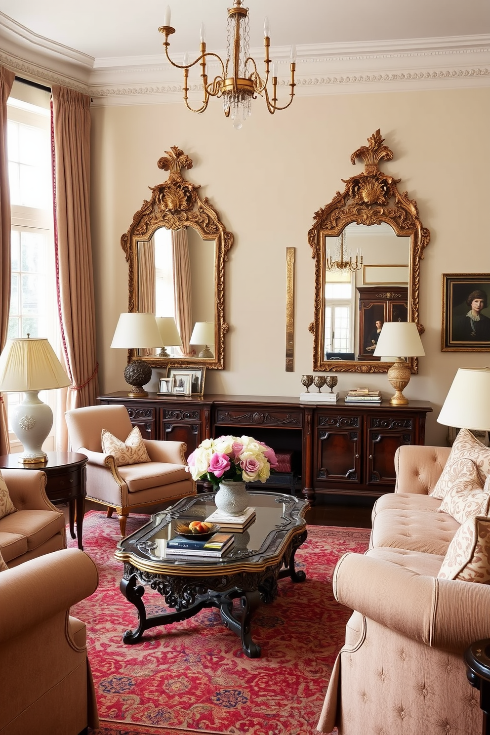 A traditional living room featuring vintage mirrors that reflect natural light. The space is adorned with plush sofas, an ornate coffee table, and elegant drapery that complements the warm color palette.