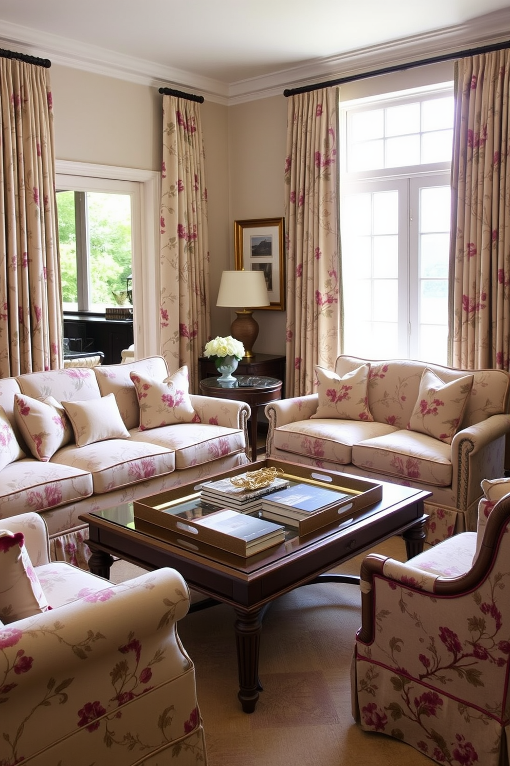 A traditional living room featuring subtle floral patterns on the upholstery of a comfortable sofa and armchairs. The space is adorned with elegant curtains that complement the floral theme, while a classic coffee table sits at the center, topped with a decorative tray and a few art books.