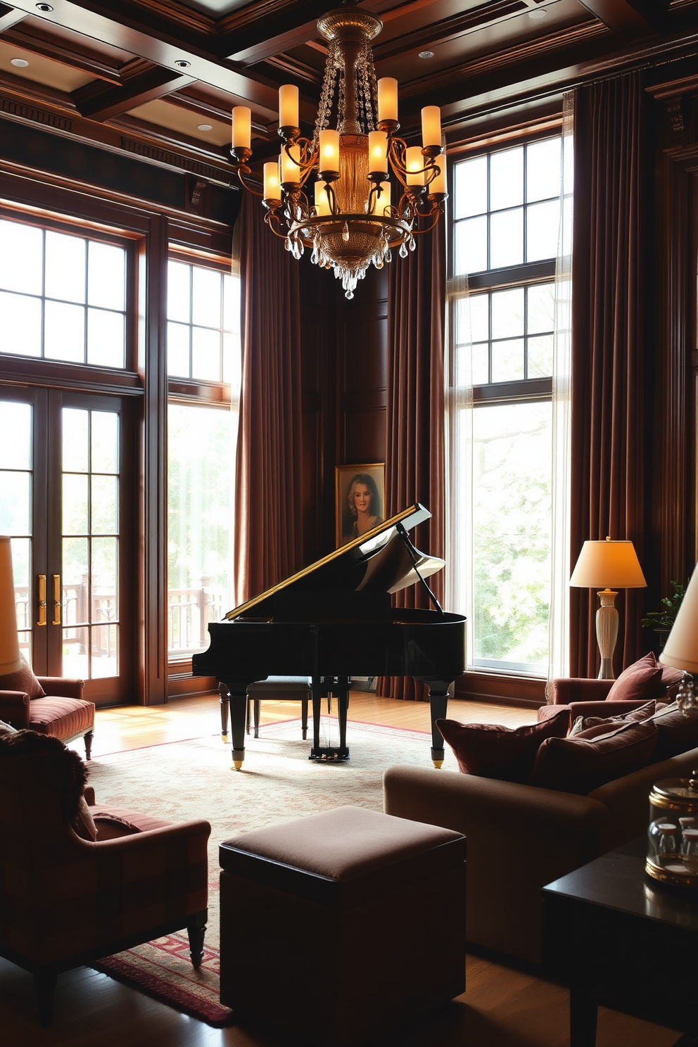 A grand piano takes center stage in an elegant living room adorned with rich, dark wood accents and plush furnishings. The space is complemented by a large chandelier overhead, casting a warm glow over the room's inviting atmosphere. Lush velvet drapes frame tall windows, allowing natural light to filter in softly while maintaining privacy. A cozy area rug anchors the seating arrangement, creating a perfect spot for intimate gatherings and musical performances.