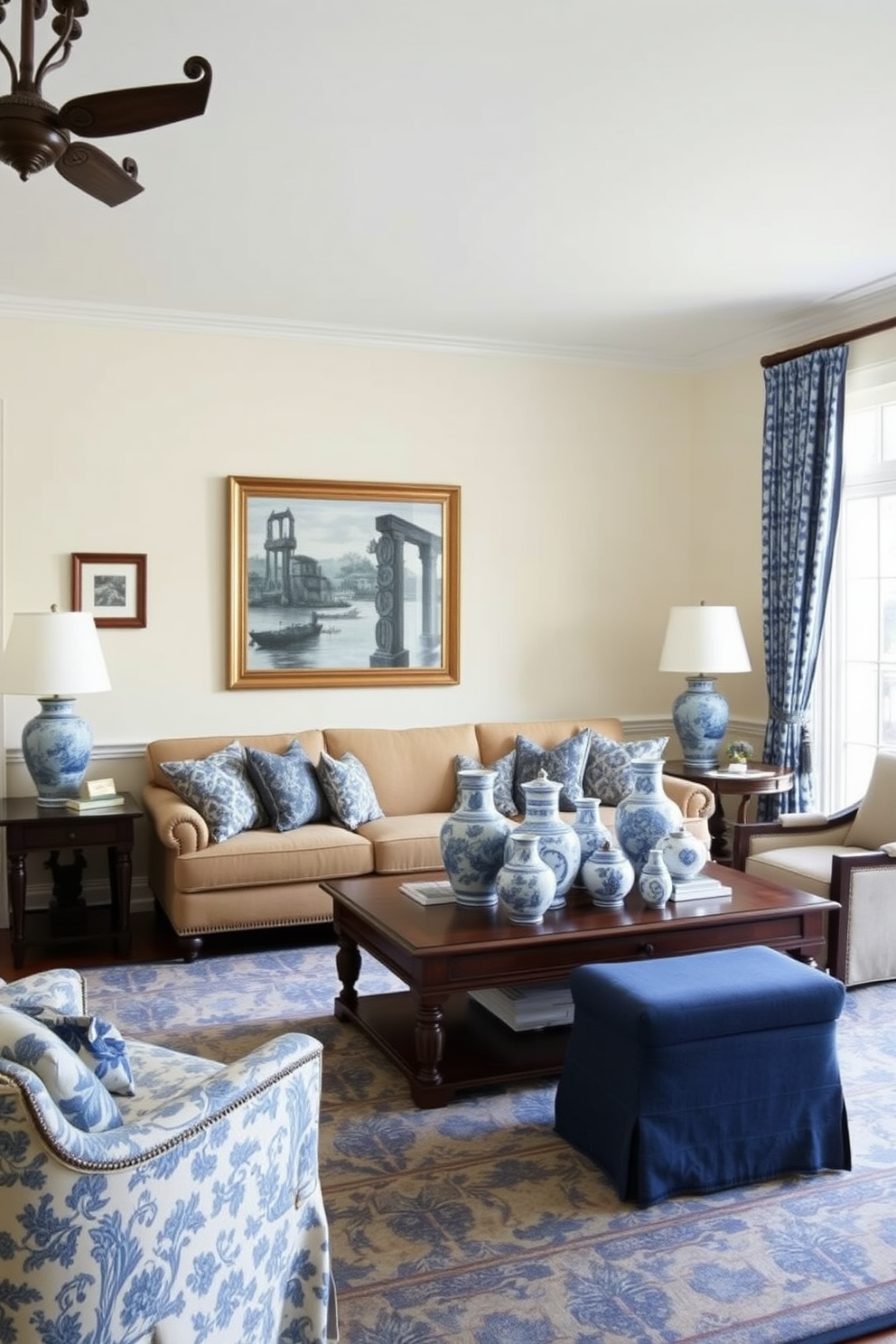 A traditional living room featuring classic blue and white porcelain accents. The space includes a comfortable sofa adorned with patterned throw pillows and a wooden coffee table displaying a collection of porcelain vases. The walls are painted in a soft cream color, enhancing the elegance of the room. A large area rug with intricate designs anchors the seating area, while drapes in a coordinating blue fabric frame the windows.