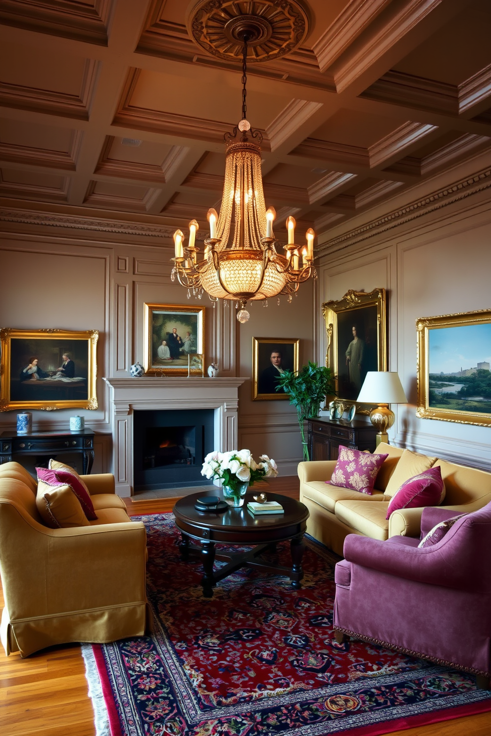 An elegant chandelier hangs gracefully from a coffered ceiling, casting a warm glow over the room. Plush sofas in rich fabrics are arranged around a classic coffee table, creating an inviting conversation area. The walls are adorned with tasteful artwork, framed in ornate gold frames that complement the chandelier. A richly patterned area rug anchors the space, adding texture and warmth to the hardwood floor.
