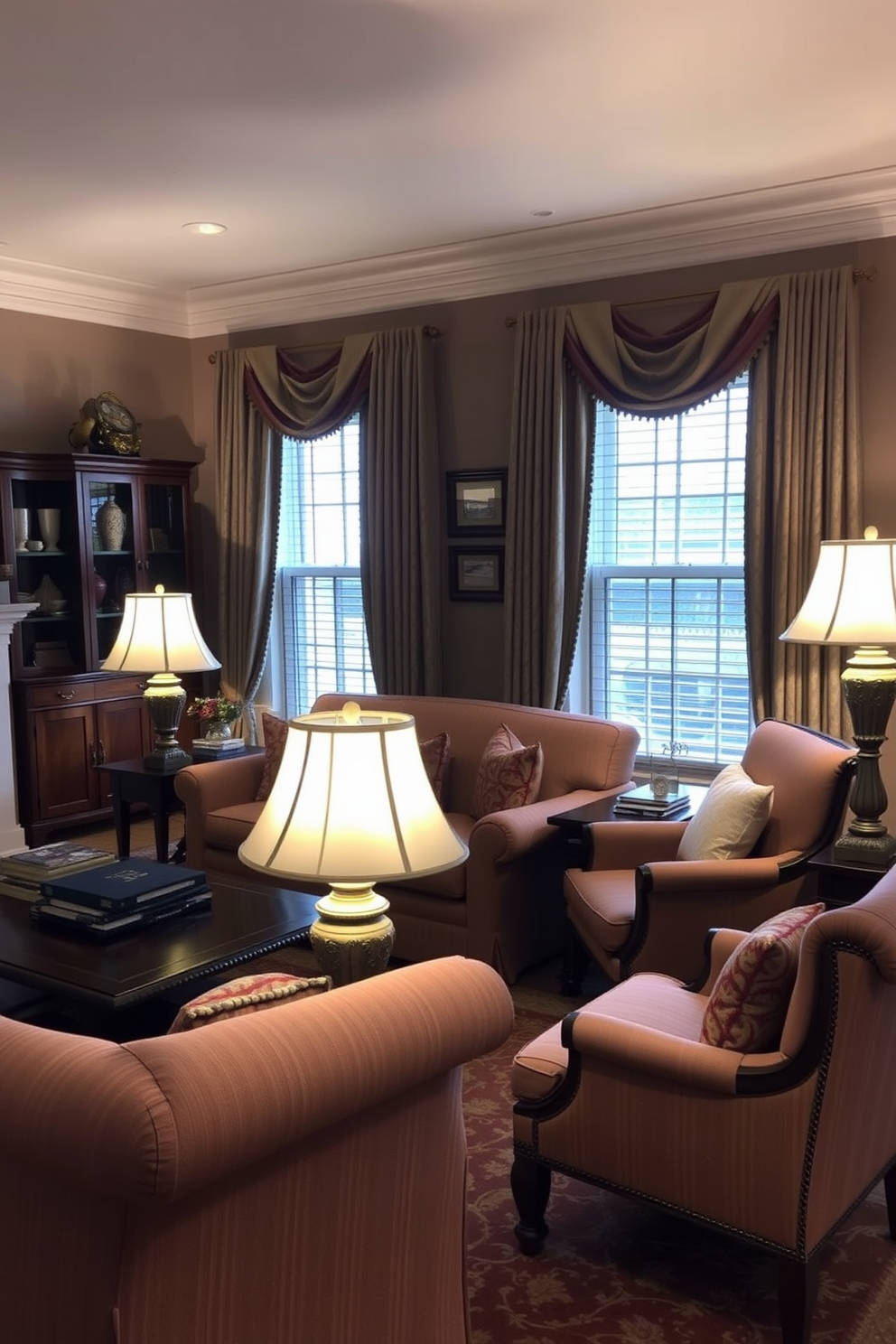 A cozy traditional living room featuring soft lighting created by a combination of table and floor lamps. The space is adorned with rich, warm colors and plush furnishings, including a large fabric sofa and a pair of elegant armchairs.