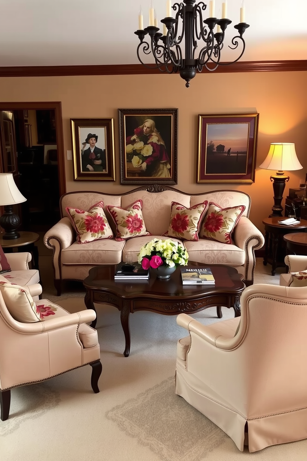 A cozy traditional living room features a plush sofa adorned with throw pillows showcasing intricate floral prints in rich colors. A vintage coffee table sits at the center, surrounded by elegant armchairs that complement the overall classic aesthetic. The walls are decorated with framed artwork that reflects timeless themes, while a soft area rug anchors the seating arrangement. Warm lighting from a chandelier casts a welcoming glow over the space, enhancing the inviting atmosphere.