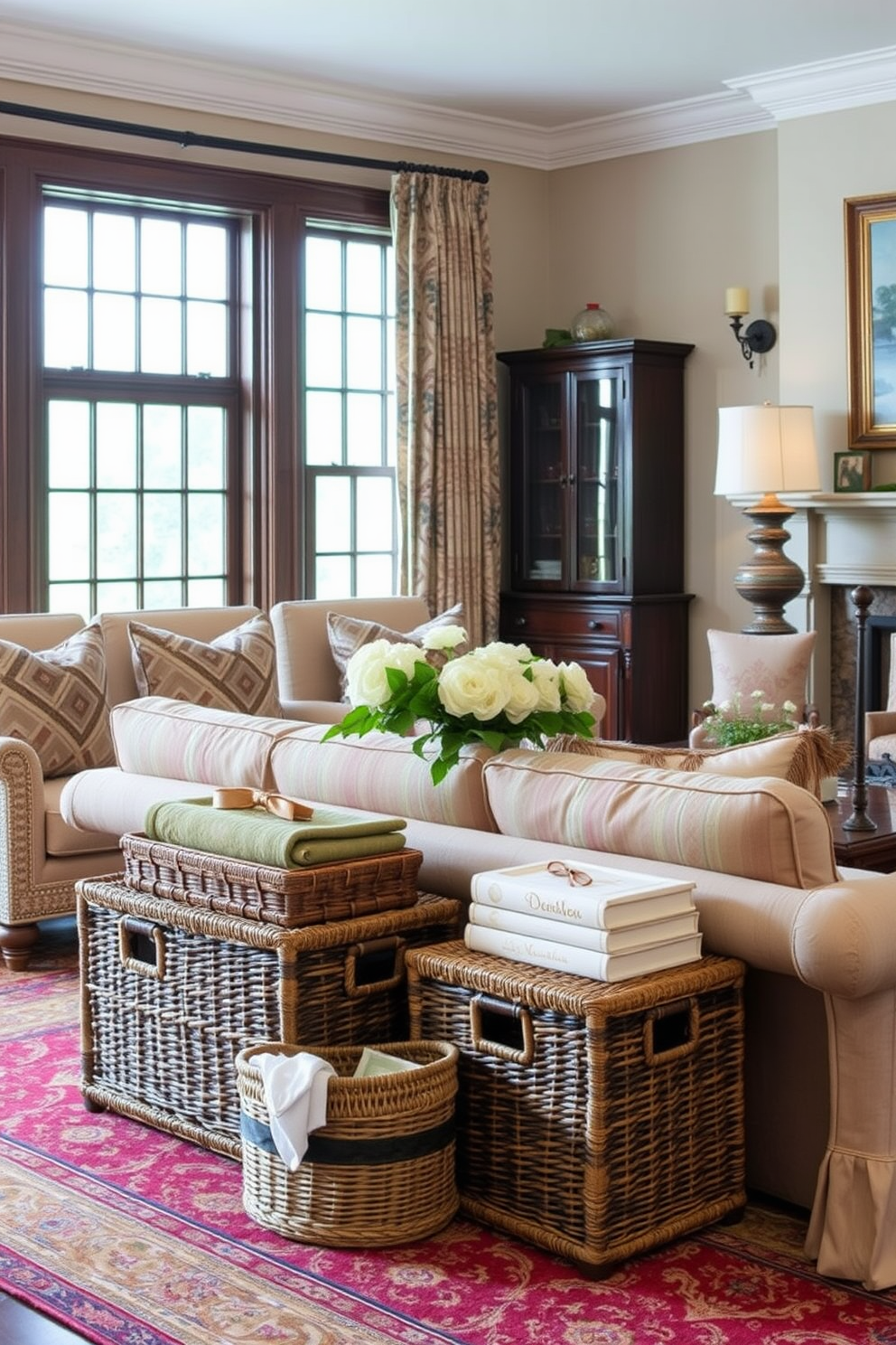 A traditional living room features woven baskets that provide stylish storage solutions. The room is adorned with rich fabrics, classic furniture pieces, and warm color tones that create an inviting atmosphere.