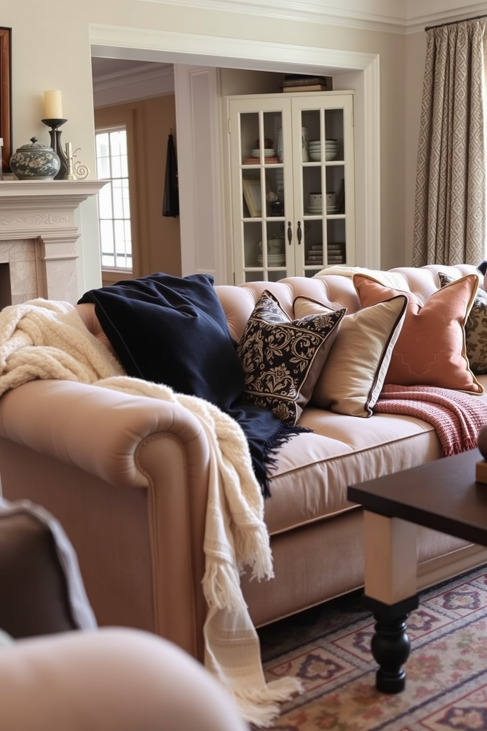 Layered textures create a warm and inviting atmosphere in a traditional living room. Plush blankets and decorative throws are draped over a classic tufted sofa, enhancing comfort and style. Rich fabrics like velvet and linen are used throughout the space, adding depth and visual interest. Accent pillows in coordinating colors complement the overall design, making the room feel cohesive and elegant.