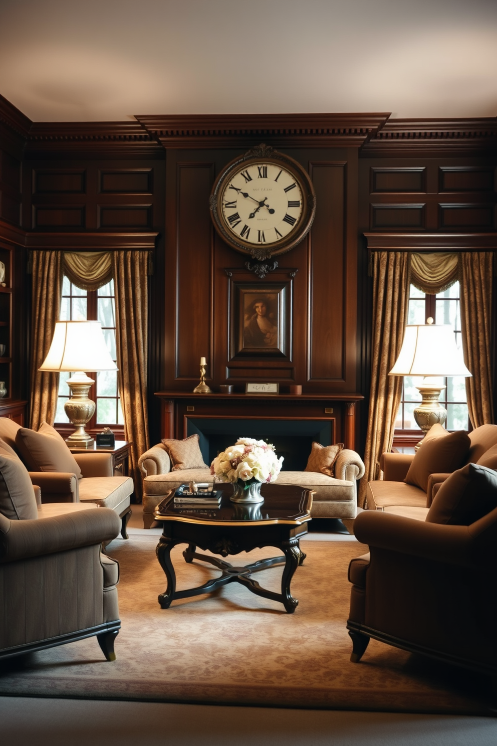A classic clock hangs prominently on the wall, its ornate frame adding a touch of elegance to the space. The living room features rich wood furniture, plush upholstery, and a warm color palette that invites relaxation. An antique coffee table sits at the center, surrounded by comfortable armchairs upholstered in luxurious fabric. Soft, ambient lighting from elegant lamps creates a cozy atmosphere perfect for gatherings.