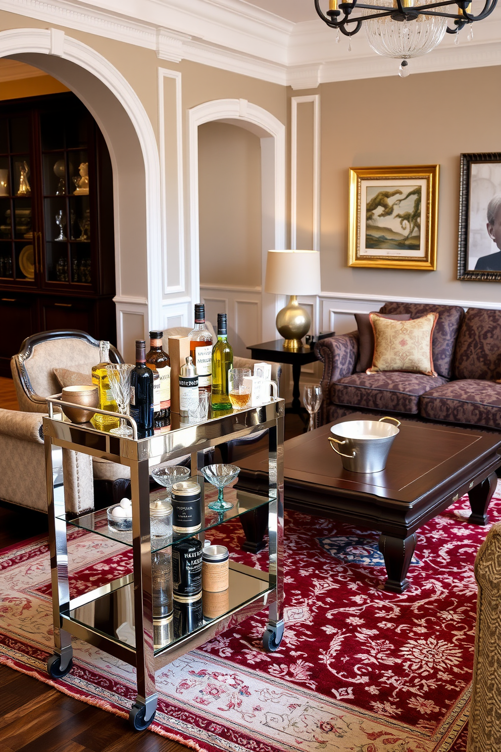 A sleek bar cart made of polished metal with glass shelves stands elegantly in the corner of the room. It is adorned with an array of premium spirits, stylish glassware, and a decorative ice bucket to enhance the entertaining experience. The traditional living room features a plush sofa with intricate upholstery and a set of matching armchairs. A grand coffee table made of dark wood sits at the center, complemented by a rich area rug that ties the space together.