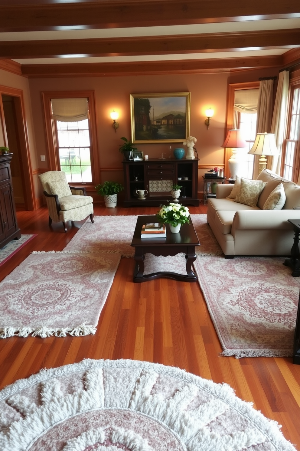 A cozy living room featuring warm wood floors that create an inviting atmosphere. Plush area rugs in soft hues are strategically placed to define seating areas and add texture to the space. The room is adorned with classic furniture pieces, including a large sectional sofa and an elegant coffee table. Soft lighting from stylish lamps enhances the traditional charm and warmth of the room.