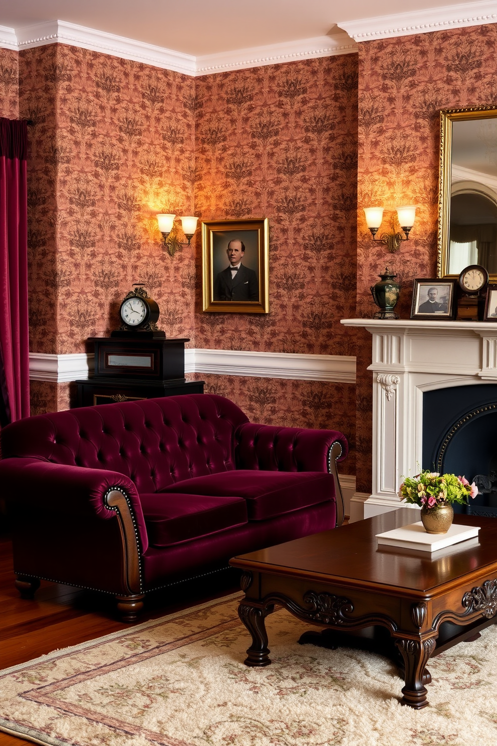 Vintage inspired wall sconces cast a warm glow across the room highlighting the rich textures of the traditional furnishings. The walls are adorned with intricate wallpaper featuring floral patterns, complemented by a plush area rug that adds warmth to the hardwood floor. A classic tufted sofa in deep burgundy sits opposite a wooden coffee table with ornate carvings. On the mantelpiece, an antique clock and framed family portraits create a nostalgic focal point in the space.