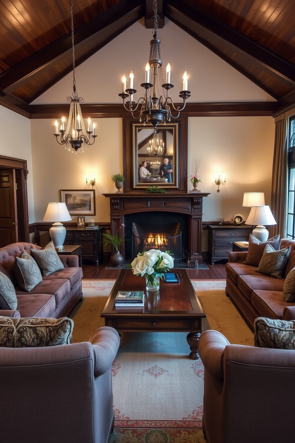 A traditional living room that exudes warmth and comfort. The space features a classic wooden coffee table surrounded by plush upholstered sofas in rich fabrics. A grand fireplace serves as the focal point, adorned with a beautifully crafted mantle. Soft lighting from elegant chandeliers and table lamps creates an inviting atmosphere.