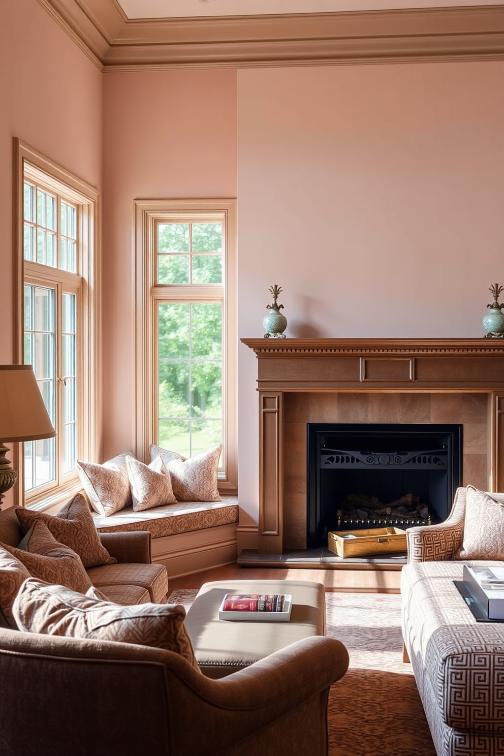Charming window seat with plush cushions nestled in a cozy nook. The surrounding walls are adorned with soft pastel colors, creating an inviting atmosphere. Traditional living room design featuring a grand fireplace as the focal point. Elegant furniture pieces are arranged thoughtfully, complemented by rich textures and classic patterns.