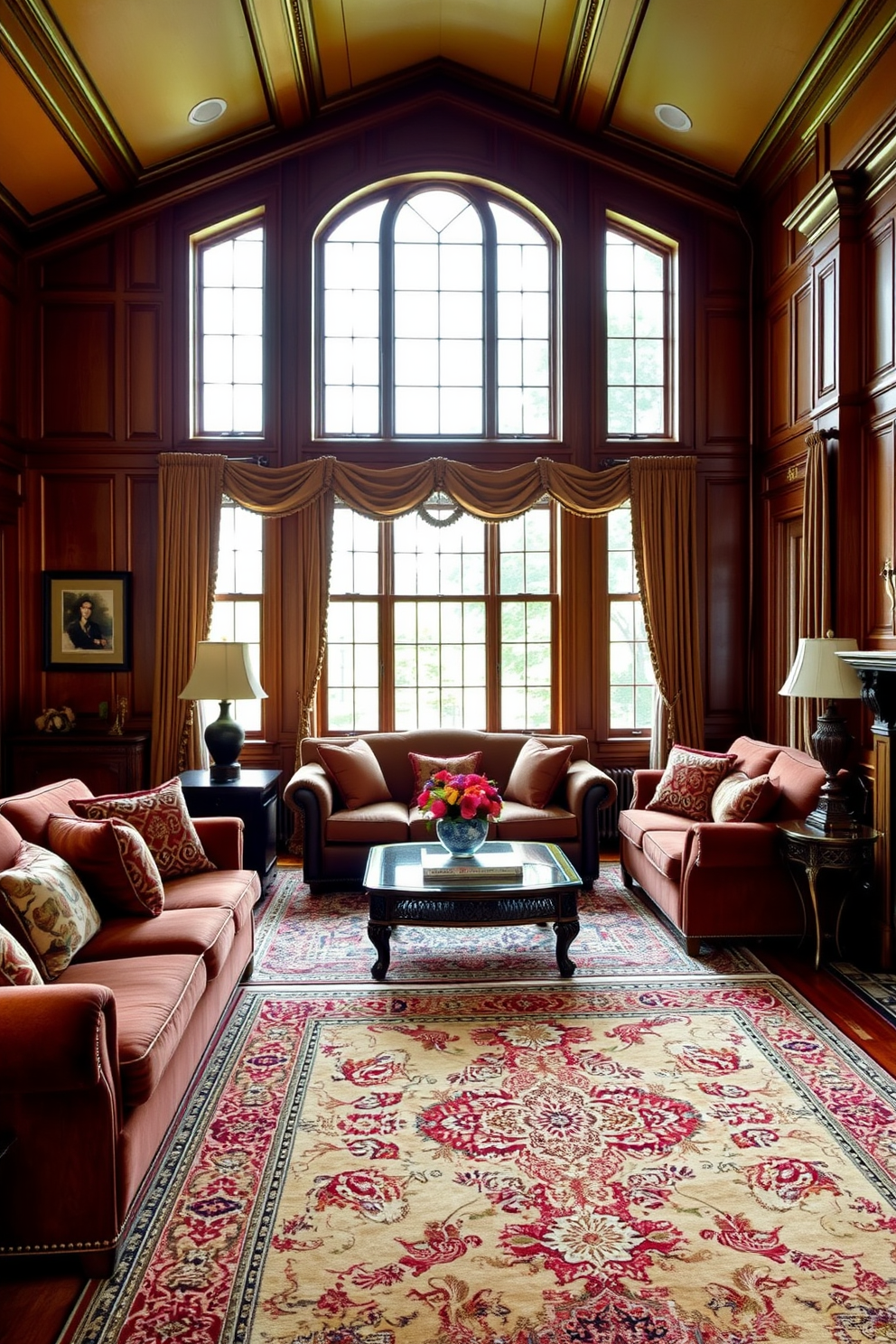 Rich wood paneling creates a warm and inviting atmosphere in the traditional living room. Plush sofas upholstered in deep hues are complemented by ornate area rugs and elegant drapery framing large windows.