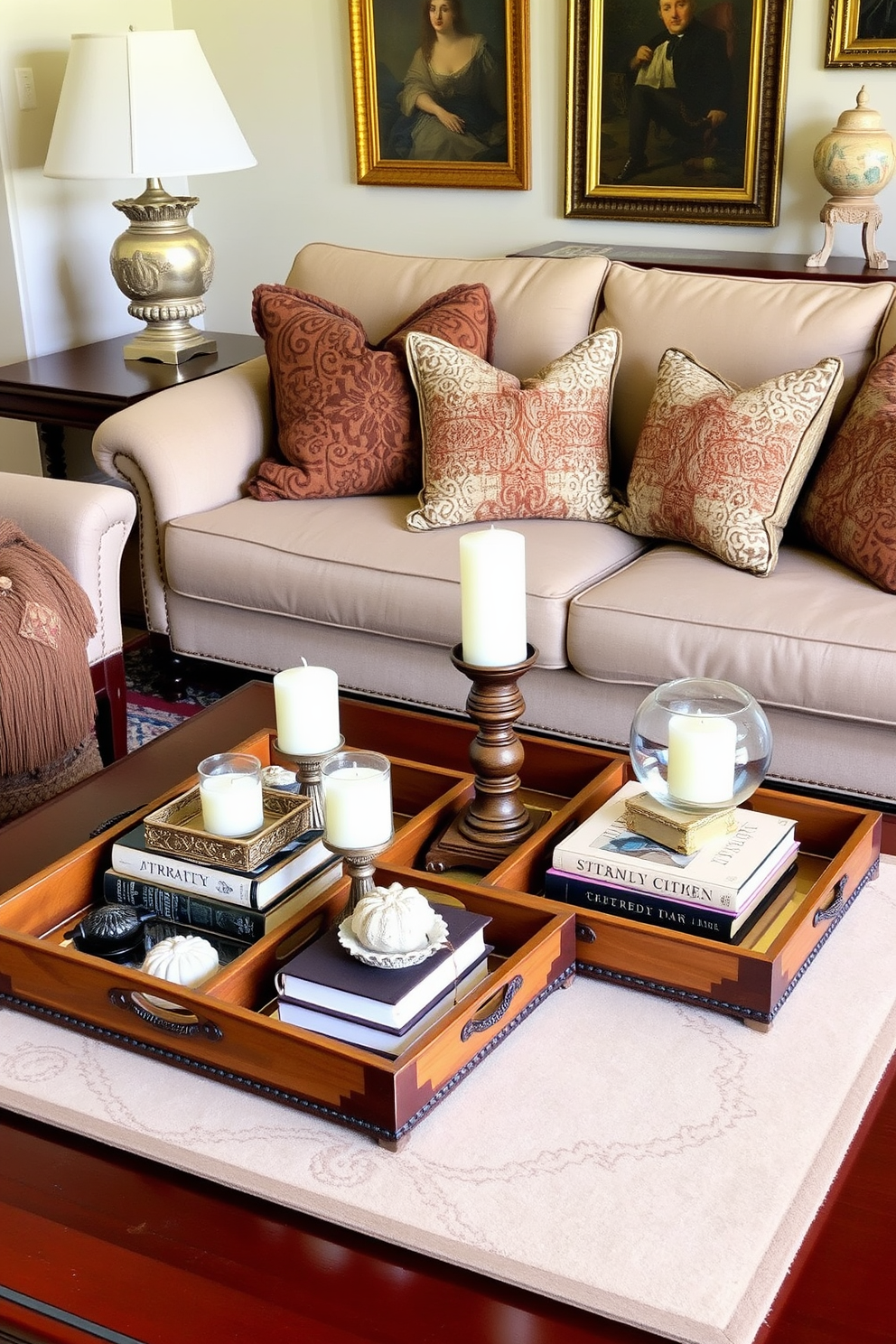 Decorative trays elegantly arranged on a coffee table, showcasing a curated selection of candles, books, and small decorative objects. The trays are made of natural materials with a warm finish that complements the overall decor. Traditional living room design featuring a plush sofa upholstered in rich fabrics, paired with an ornate wooden coffee table. The room is adorned with classic artwork and a cozy area rug that anchors the seating arrangement.