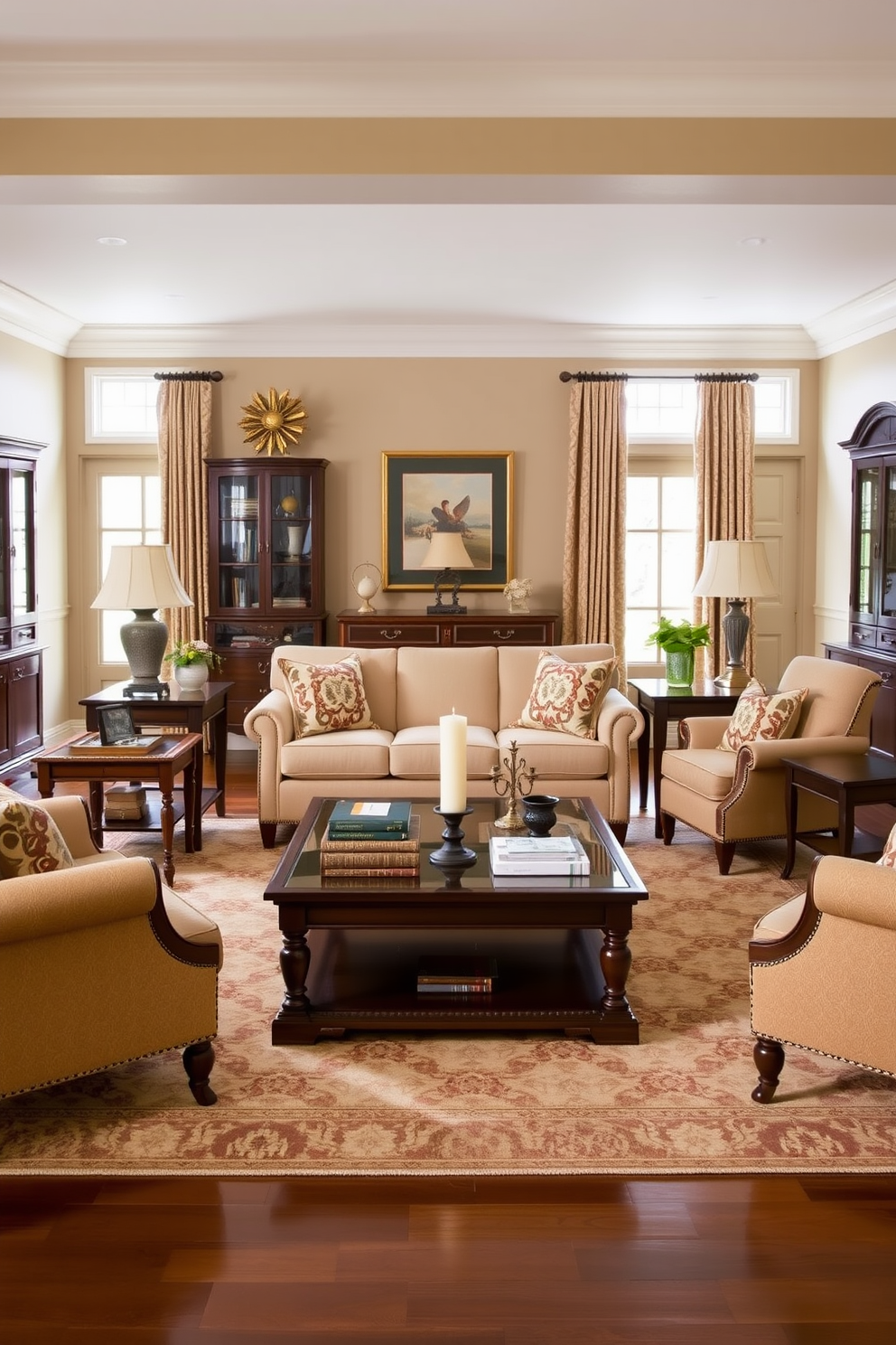 A traditional living room featuring a symmetrical furniture arrangement that promotes balance. The space includes a classic sofa flanked by two matching armchairs, all positioned around a central coffee table adorned with decorative books and a candle. The walls are painted in a warm beige tone, complemented by rich wood accents throughout. A large area rug anchors the seating area, while elegant drapes frame the windows, allowing soft natural light to filter in.