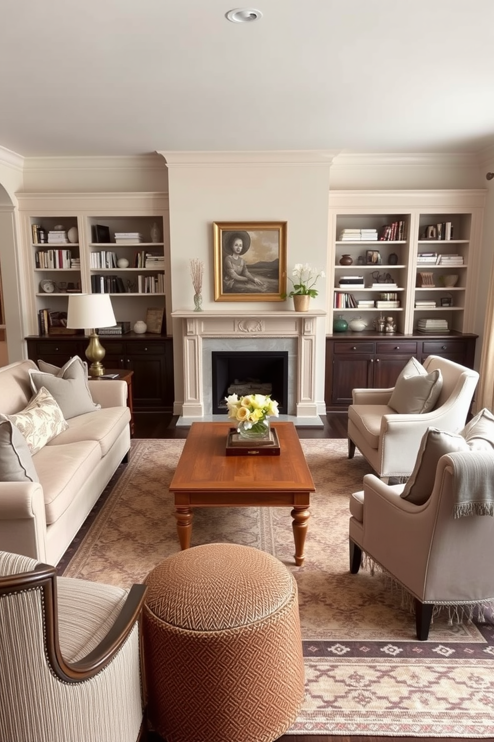 A traditional living room featuring a neutral color palette with soft accents. The space is adorned with a plush beige sofa and elegant armchairs, complemented by a wooden coffee table in the center. Rich textures are introduced through a patterned area rug and decorative throw pillows in muted tones. A classic fireplace serves as the focal point, flanked by built-in bookshelves filled with curated decor and books.