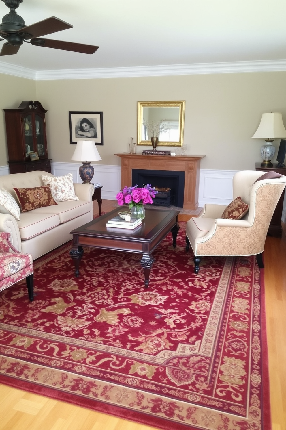 A traditional area rug with intricate patterns anchors the living room, adding warmth and character to the space. The rug features rich colors that complement the elegant furnishings, creating a cohesive and inviting atmosphere. The living room is adorned with classic furniture pieces, including a tufted sofa and a pair of wingback chairs. Decorative pillows in coordinating fabrics enhance the comfort and style, while a wooden coffee table serves as a functional centerpiece.