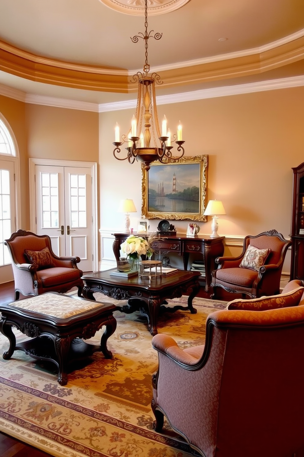 Antique coffee table with vintage charm. The table is adorned with intricate carvings and a polished finish, surrounded by plush armchairs upholstered in rich fabrics. Soft lighting from a classic chandelier casts a warm glow over the room. The walls are painted in a warm beige tone, complemented by an elegant area rug that ties the space together.