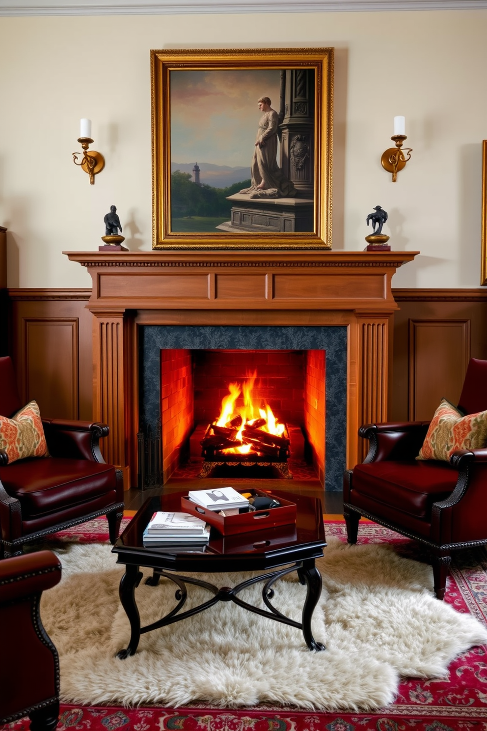 Cozy fireplace with classic mantelpiece. The fireplace is surrounded by elegant armchairs and a plush area rug, creating an inviting atmosphere. Soft lighting from sconces highlights the warm wood tones of the mantelpiece. A coffee table adorned with books and a decorative tray sits at the center, enhancing the traditional charm.